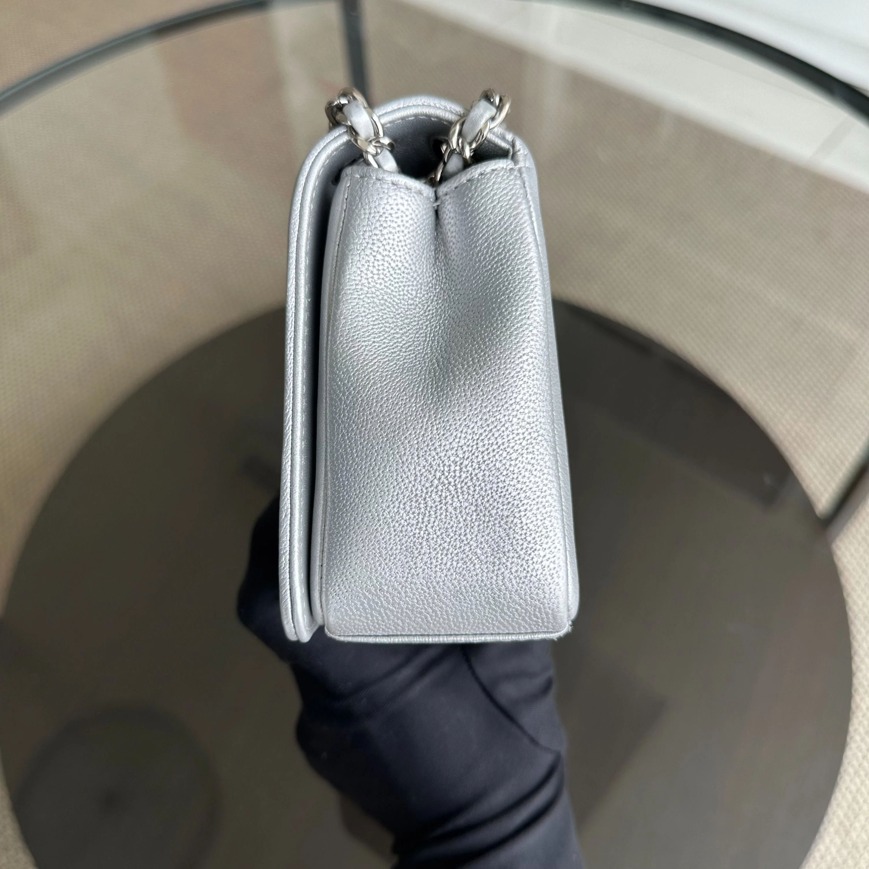 *Full Set, Receipt* Chanel Mademoiselle Small Seasonal Double Flap Chevron Calfskin Silver No 24 - Best Luxury Designers