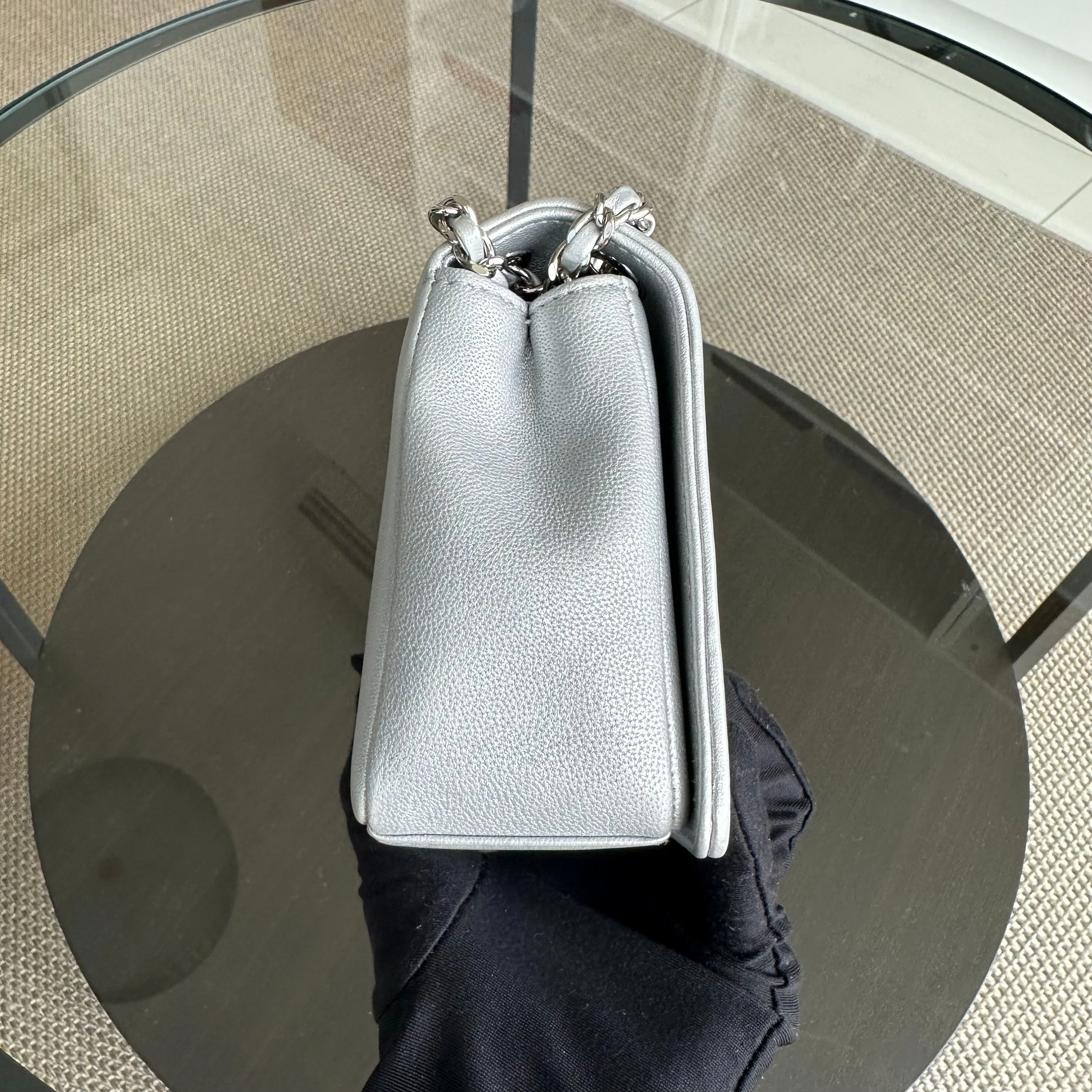 *Full Set, Receipt* Chanel Mademoiselle Small Seasonal Double Flap Chevron Calfskin Silver No 24 - Best Luxury Designers