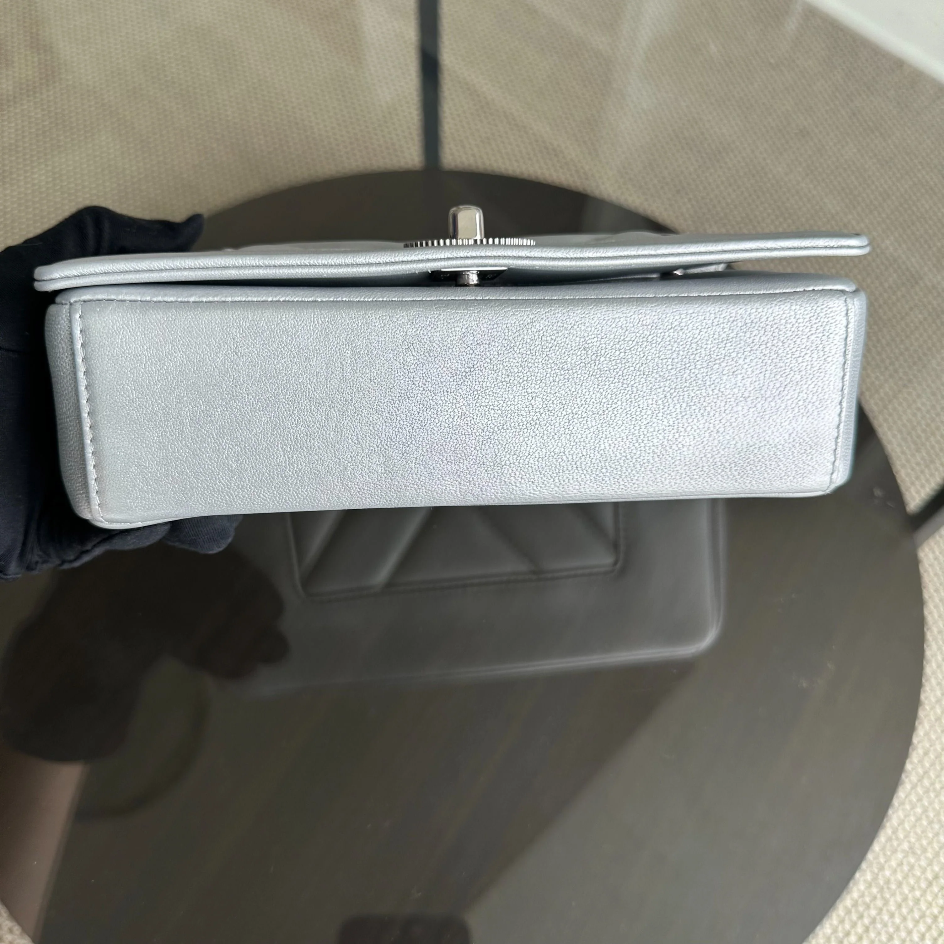 *Full Set, Receipt* Chanel Mademoiselle Small Seasonal Double Flap Chevron Calfskin Silver No 24 - Best Luxury Designers