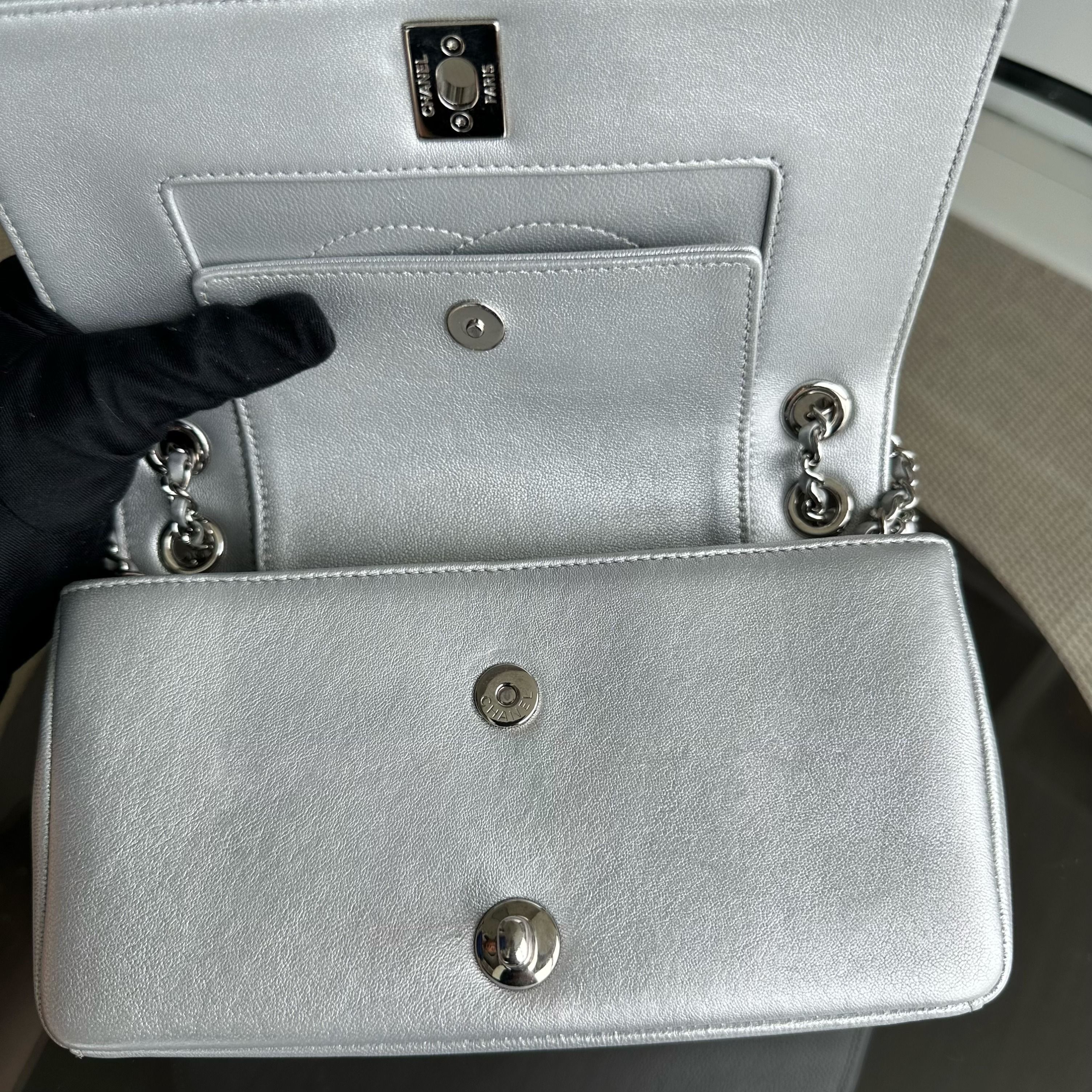 *Full Set, Receipt* Chanel Mademoiselle Small Seasonal Double Flap Chevron Calfskin Silver No 24 - Best Luxury Designers