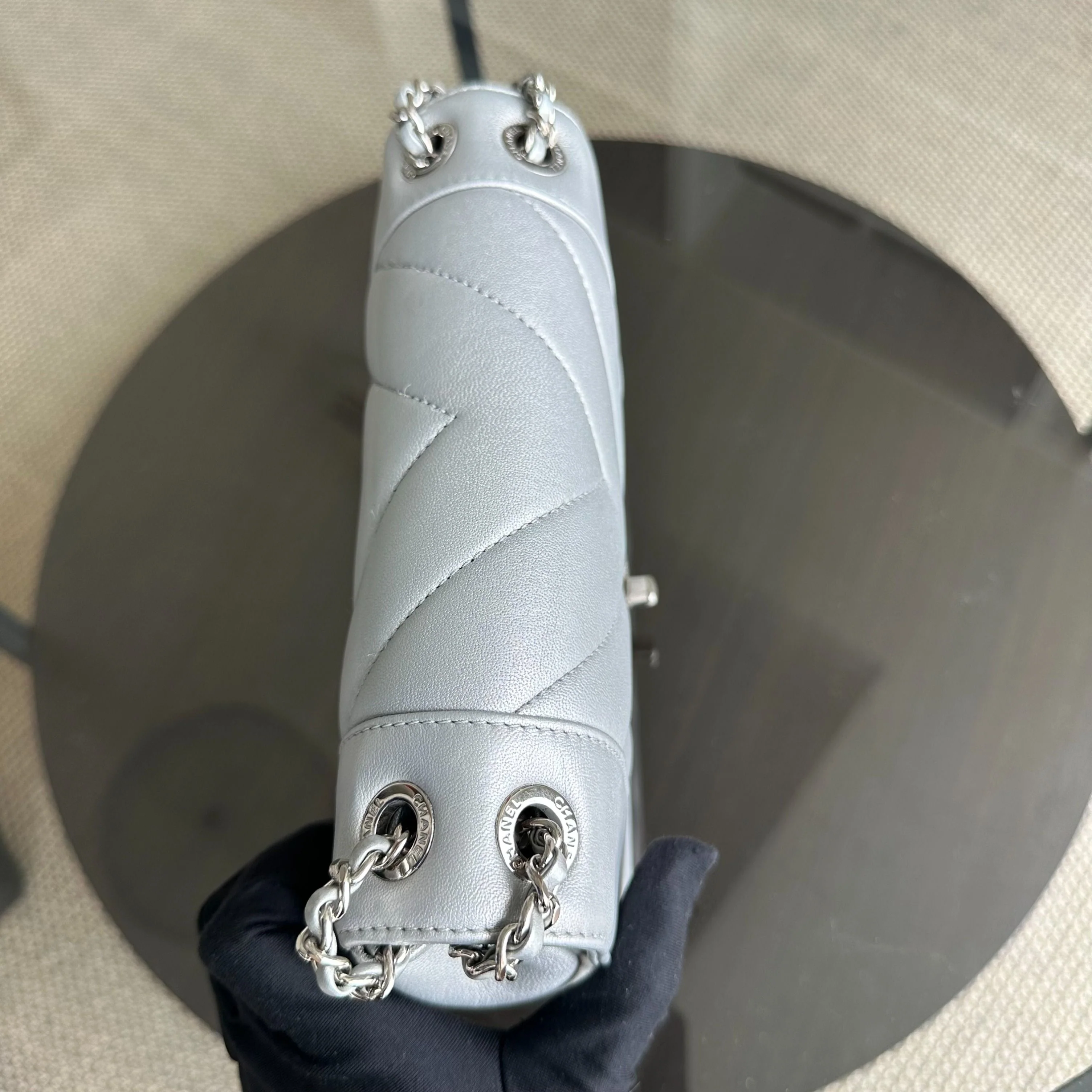 *Full Set, Receipt* Chanel Mademoiselle Small Seasonal Double Flap Chevron Calfskin Silver No 24 - Best Luxury Designers