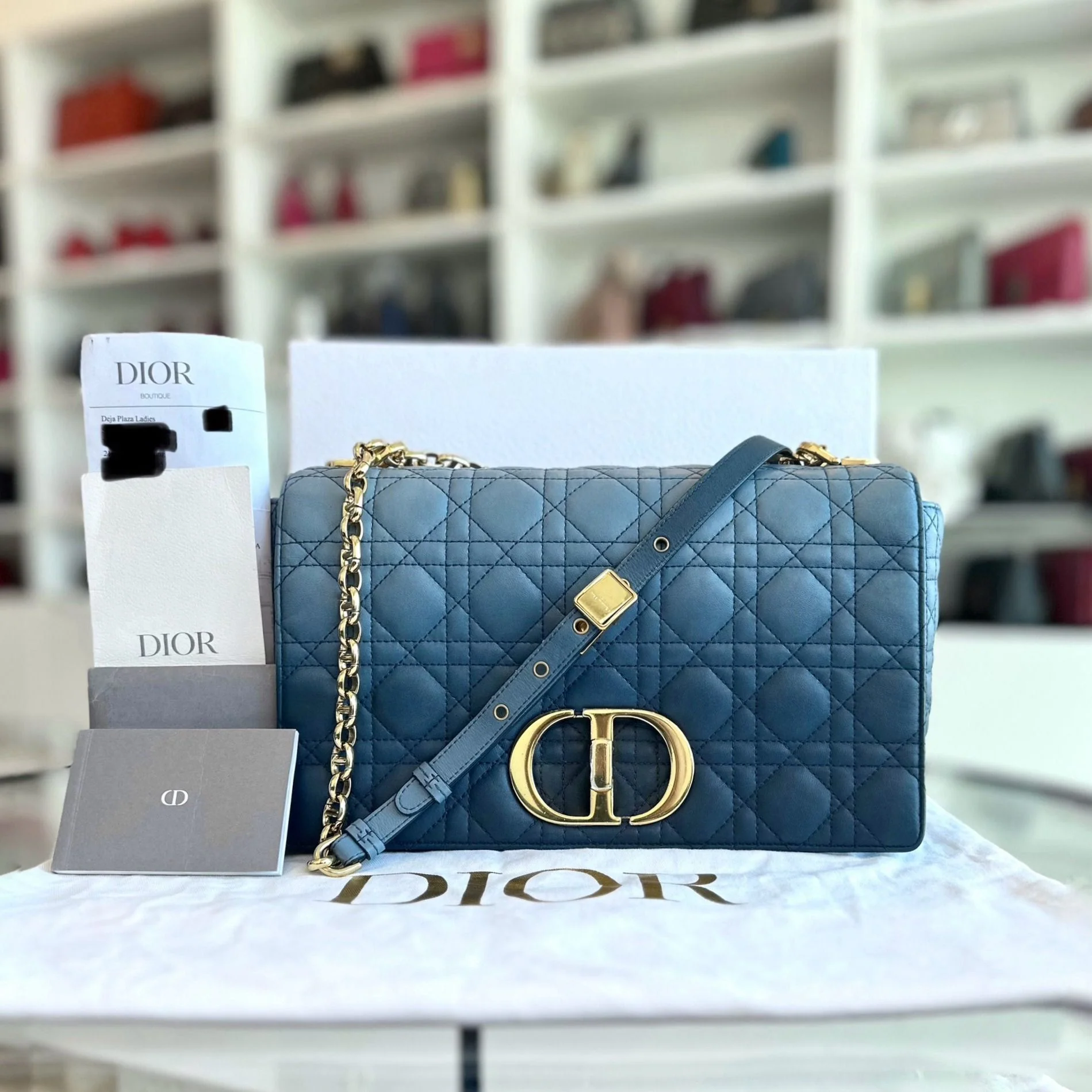 *Full Set Receipt* Dior Caro Large Flap Calfskin Gradient Blue GHW - Best Luxury Designers