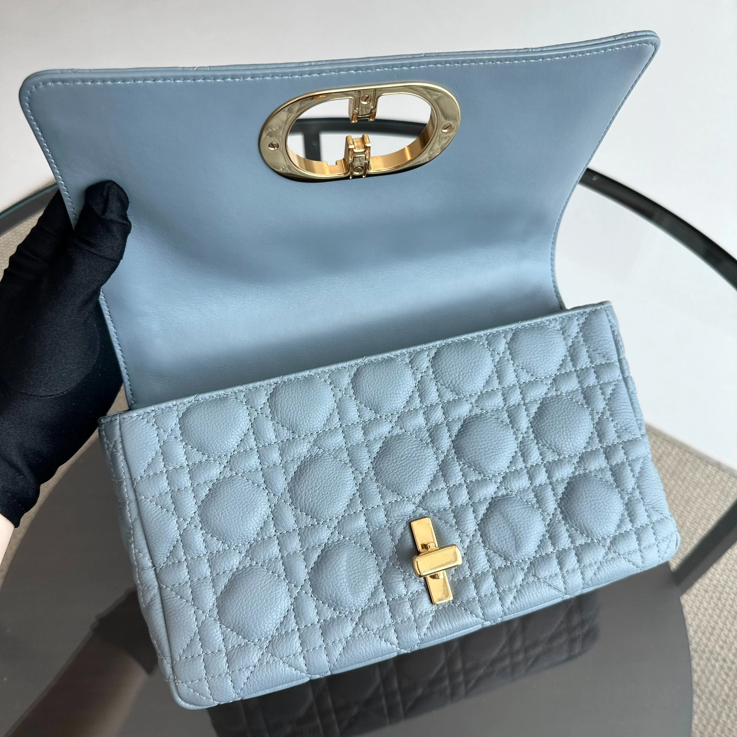 *Full Set, Receipt* Dior Caro Medium Calfskin Flap Haze Blue GHW - Best Luxury Designers