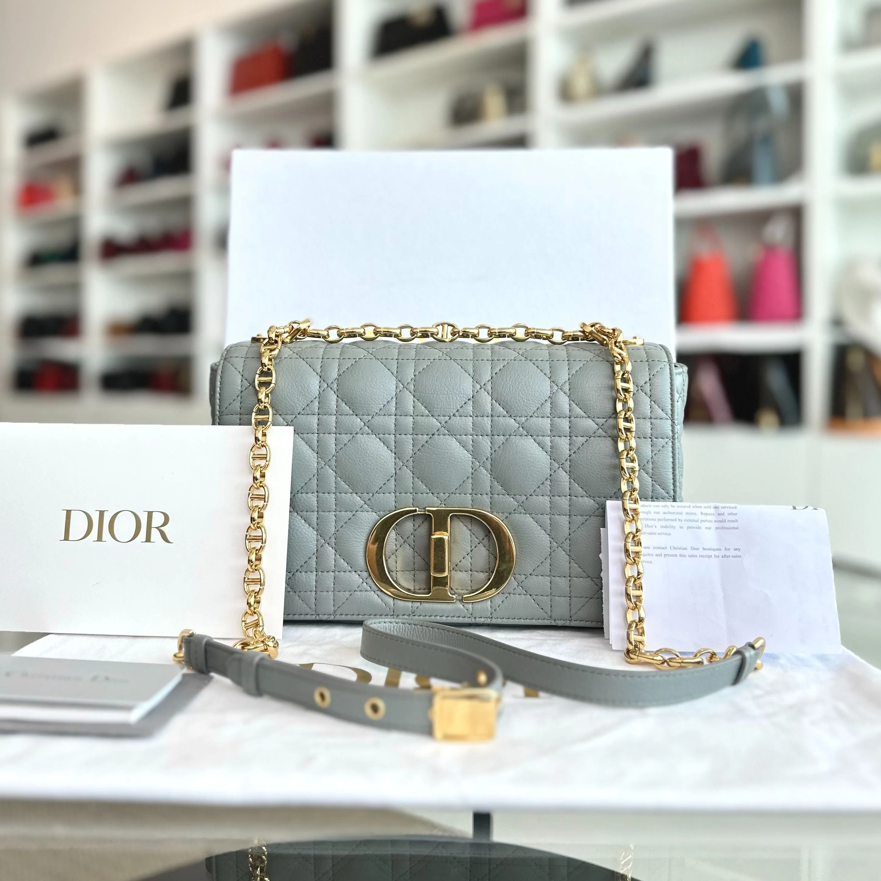 *Full Set, Receipt* Dior Caro Medium Grained Calfskin Cannage Flap Grey GHW - Best Luxury Designers