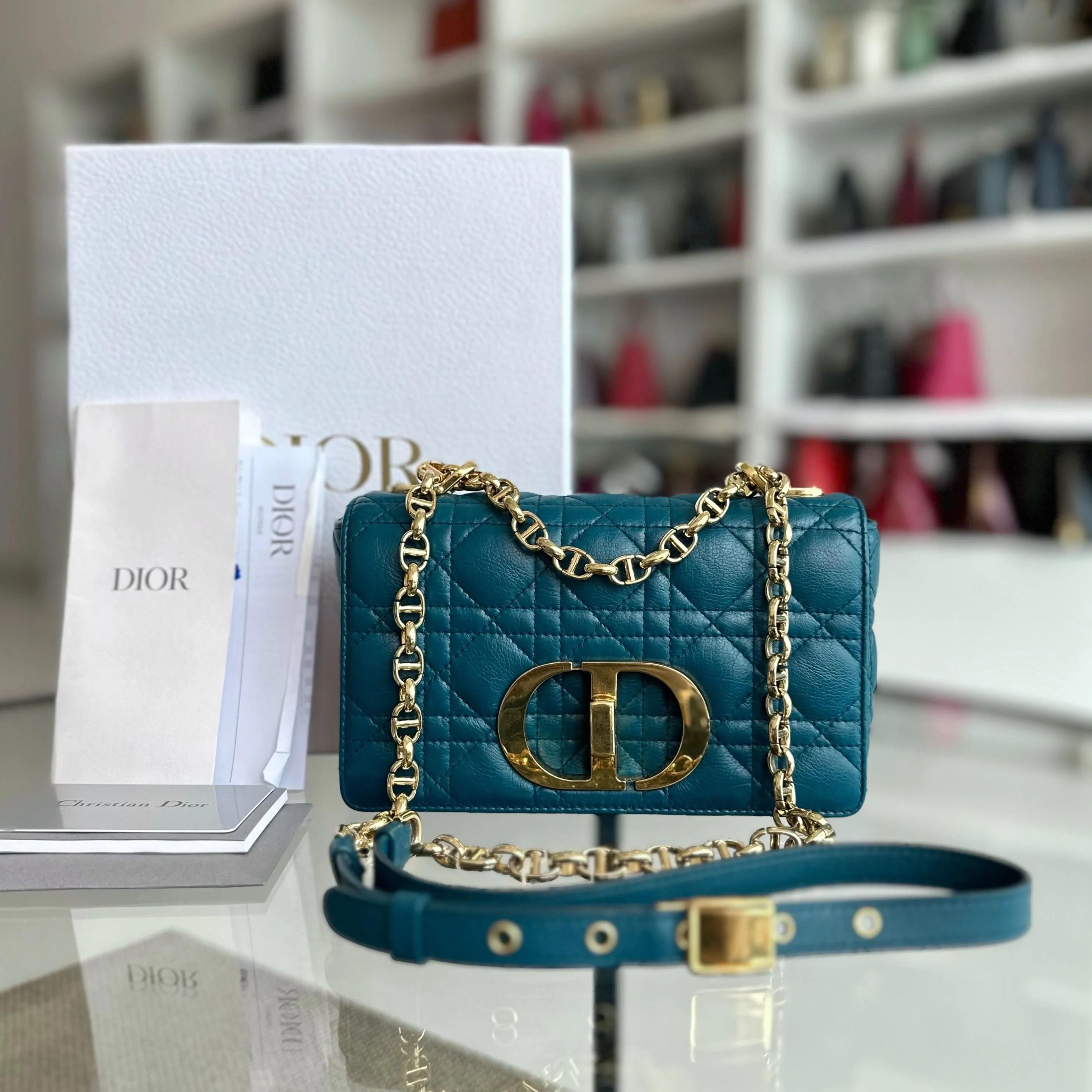 *Full Set, Receipt* Dior Caro Small Cannage Flap Bag Blue Calfskin GHW - Best Luxury Designers
