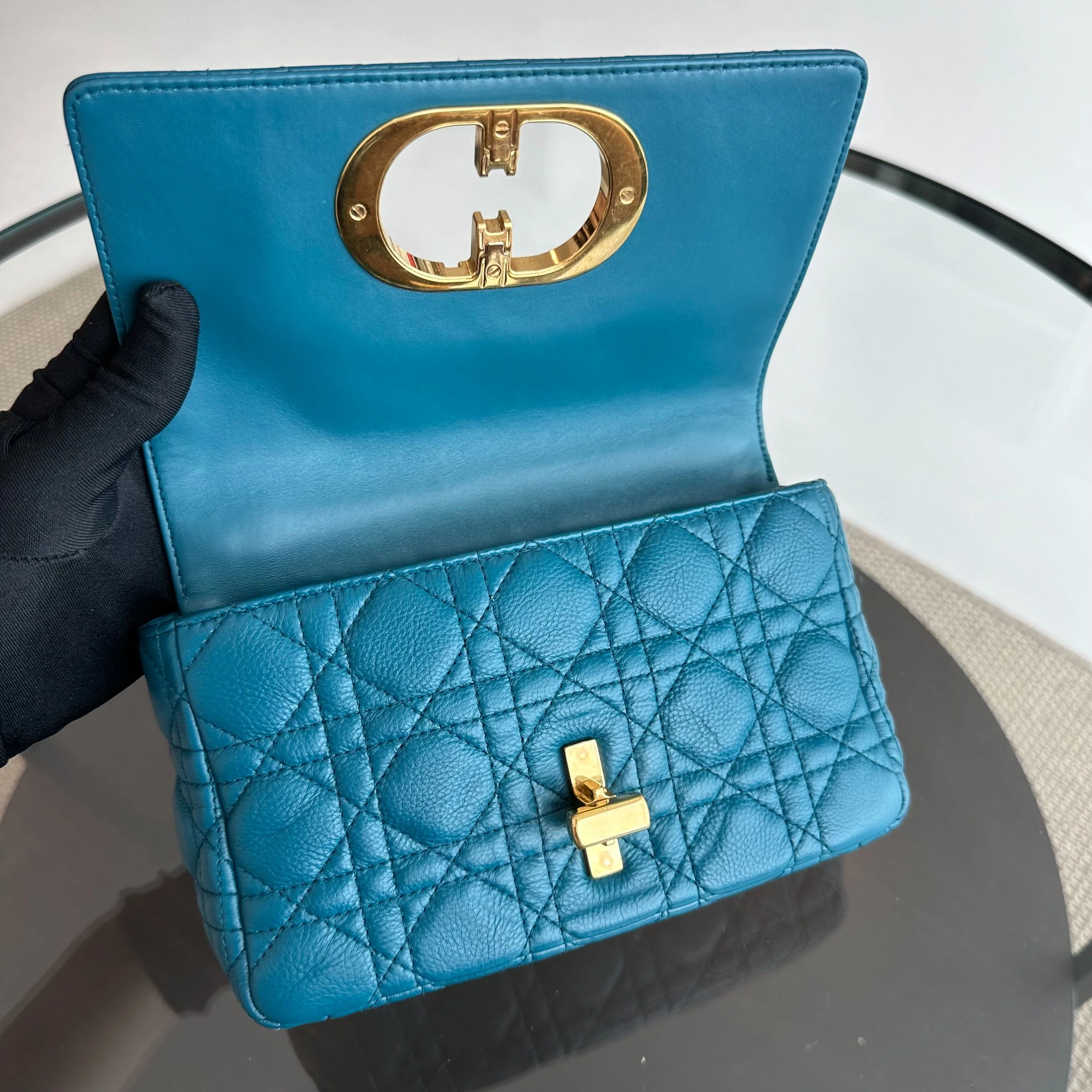 *Full Set, Receipt* Dior Caro Small Cannage Flap Bag Blue Calfskin GHW - Best Luxury Designers