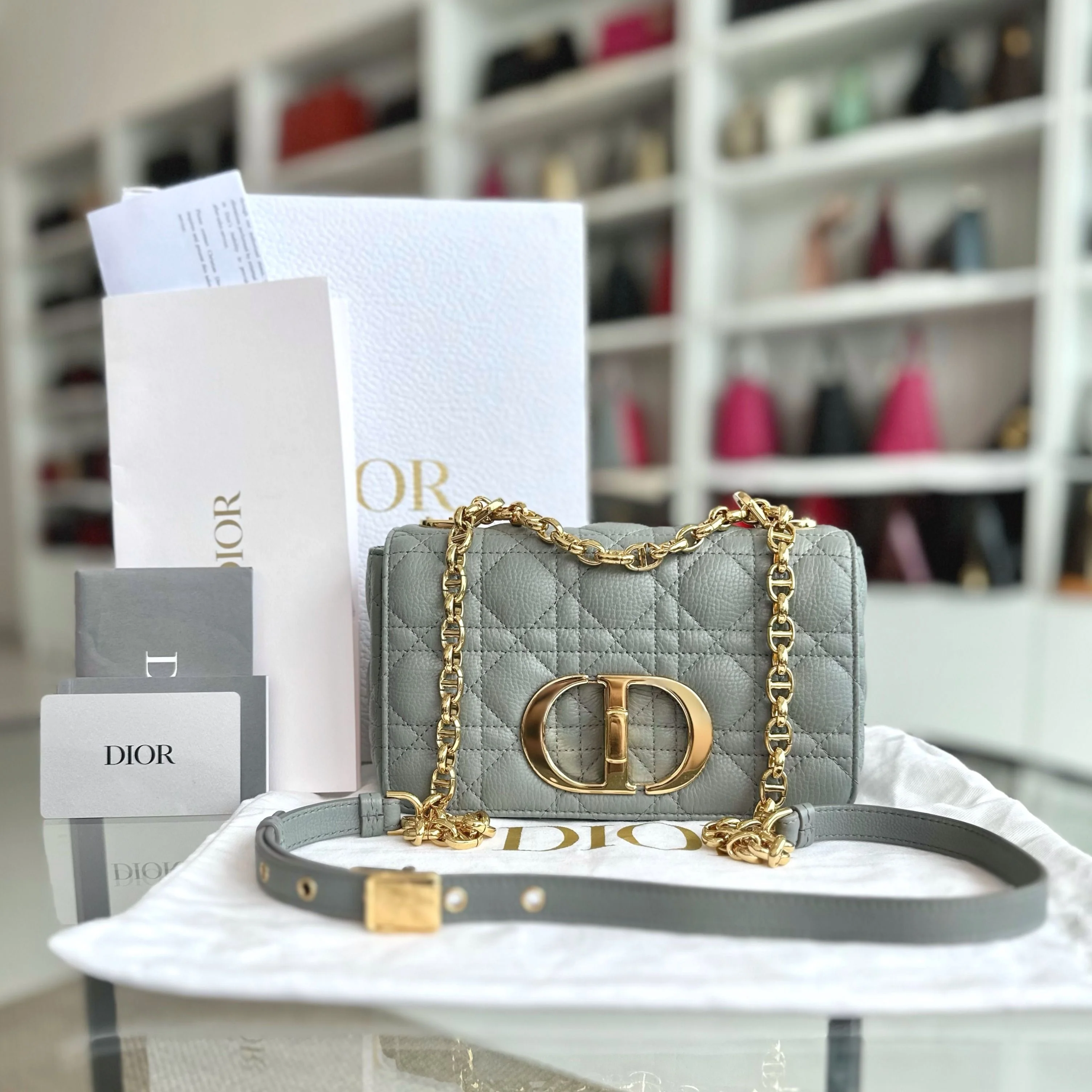 *Full Set, Receipt* Dior Caro Small Cannage Flap Bag Grey GHW - Best Luxury Designers