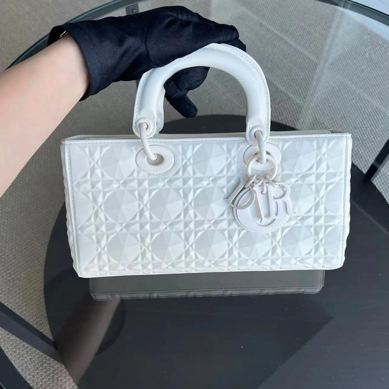 *Full Set, Receipt* Dior D-Joy Medium Latte Cannage Calfskin Dimond Motif White - Best Luxury Designers