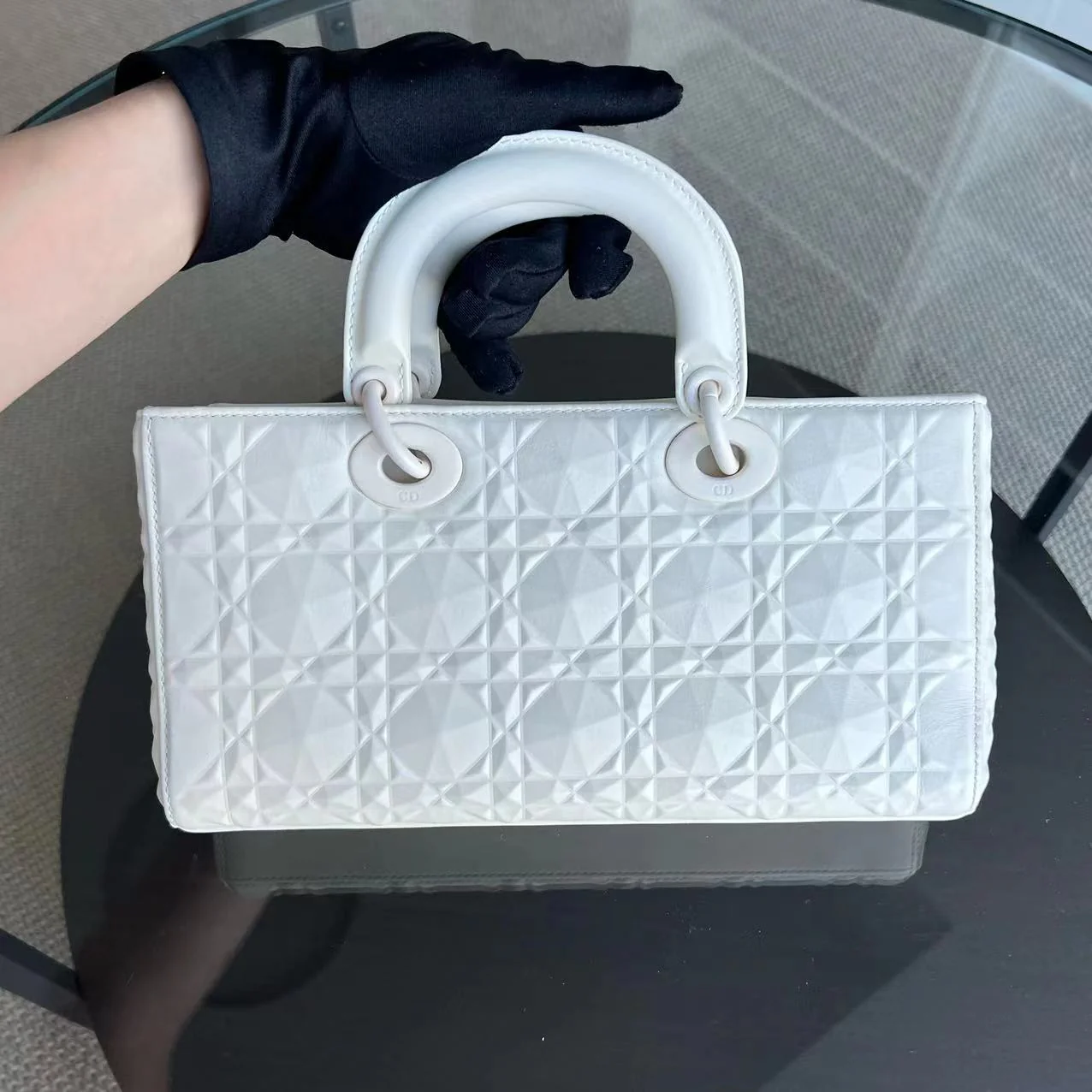 *Full Set, Receipt* Dior D-Joy Medium Latte Cannage Calfskin Dimond Motif White - Best Luxury Designers