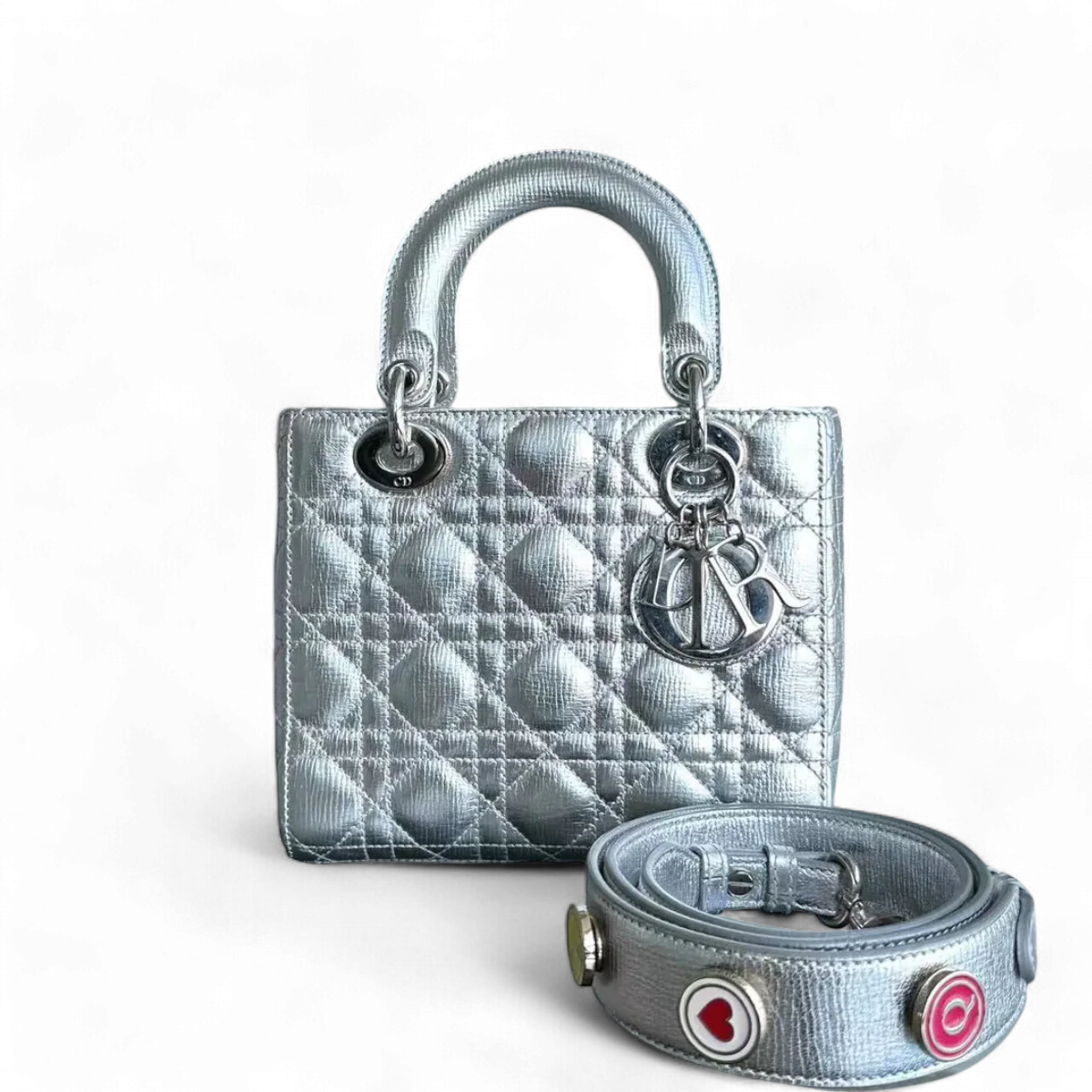 Dior Lady Small - Metallic Calfskin Limited Edition Silver ABC Badge Charm SHW