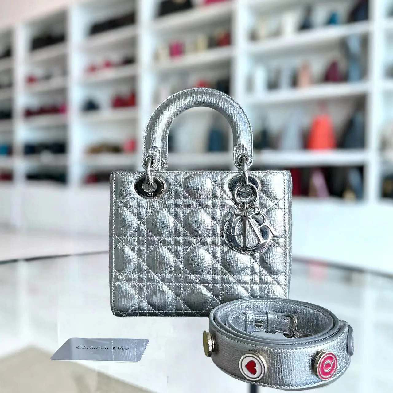 *Full Set, Receipt* Dior Lady Small Metallic Calfskin Limited Edition Silver ABC Badge Charm SHW - Best Luxury Designers