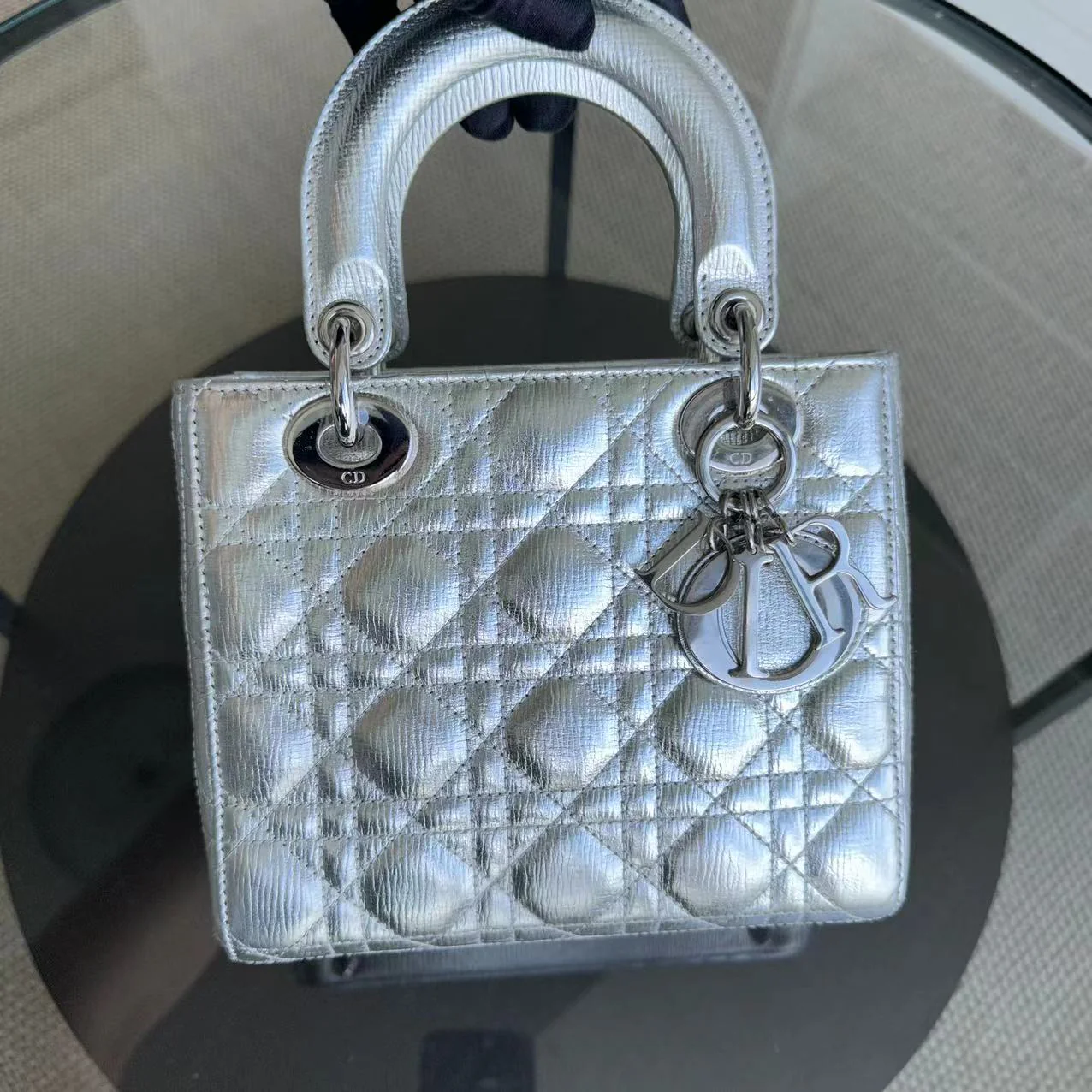 *Full Set, Receipt* Dior Lady Small Metallic Calfskin Limited Edition Silver ABC Badge Charm SHW - Best Luxury Designers