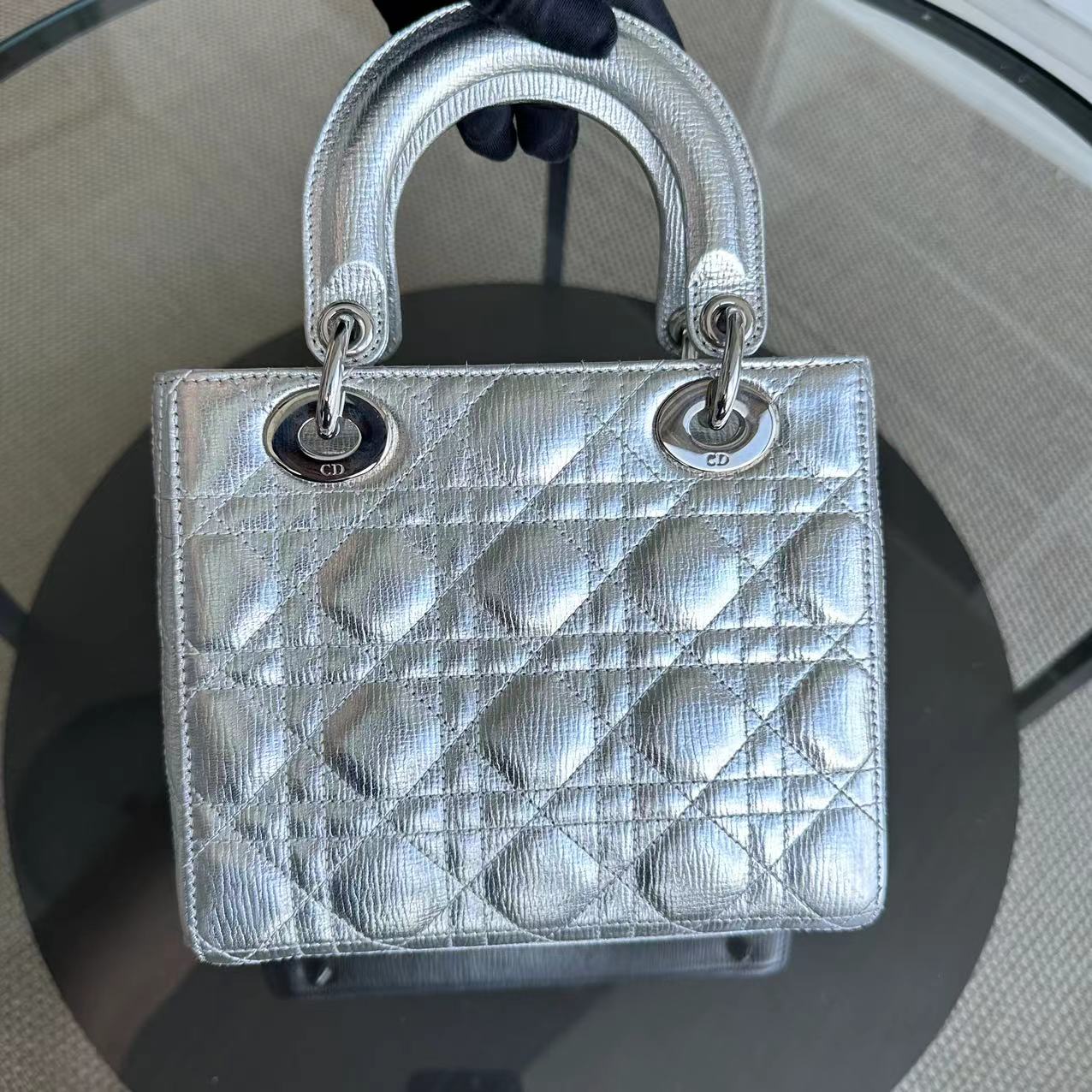 *Full Set, Receipt* Dior Lady Small Metallic Calfskin Limited Edition Silver ABC Badge Charm SHW - Best Luxury Designers