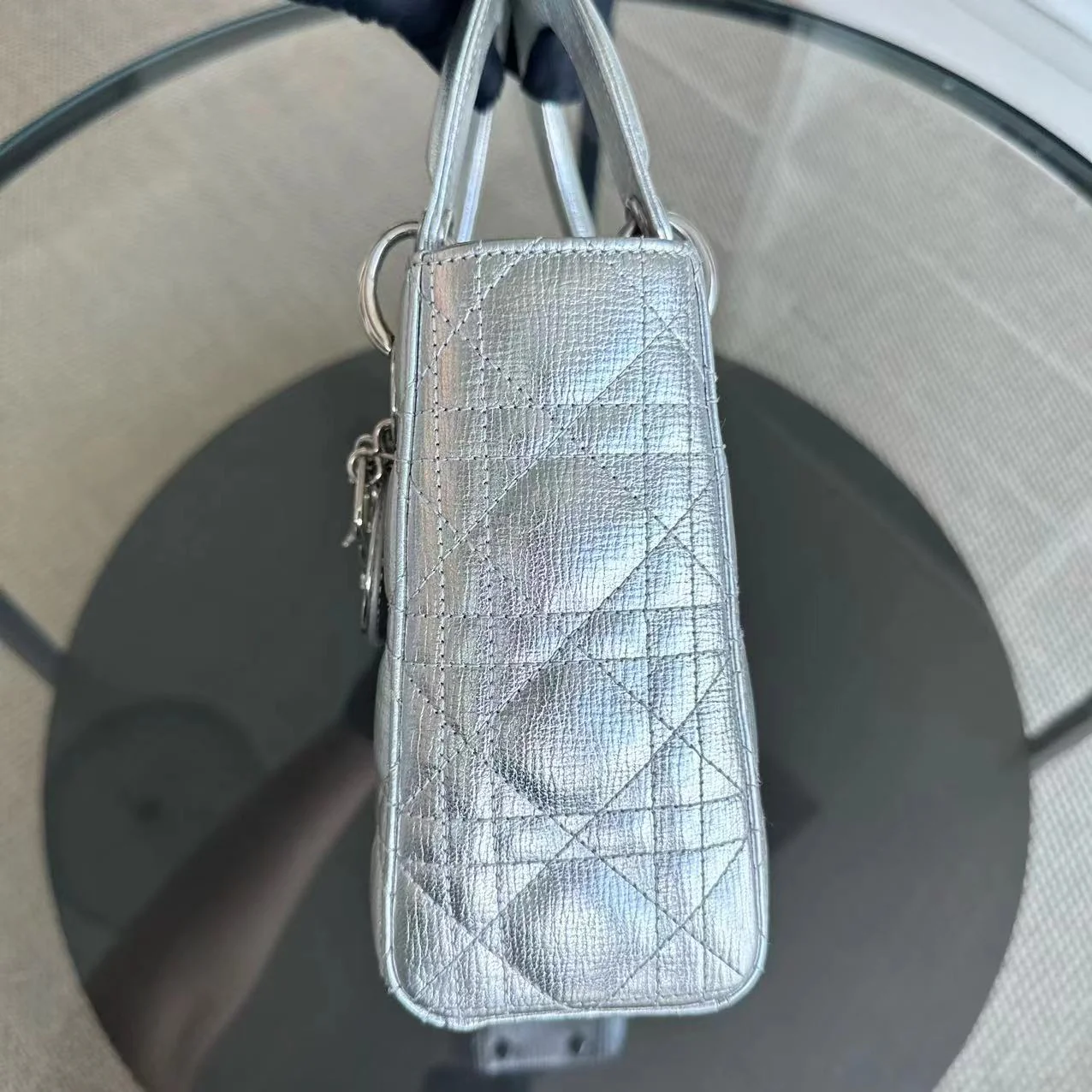 *Full Set, Receipt* Dior Lady Small Metallic Calfskin Limited Edition Silver ABC Badge Charm SHW - Best Luxury Designers