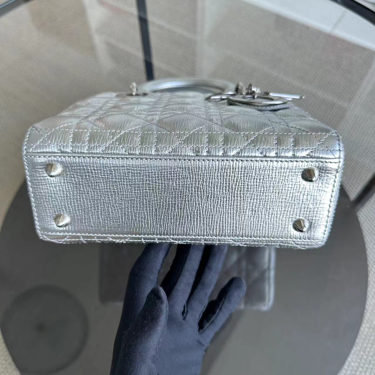 *Full Set, Receipt* Dior Lady Small Metallic Calfskin Limited Edition Silver ABC Badge Charm SHW - Best Luxury Designers