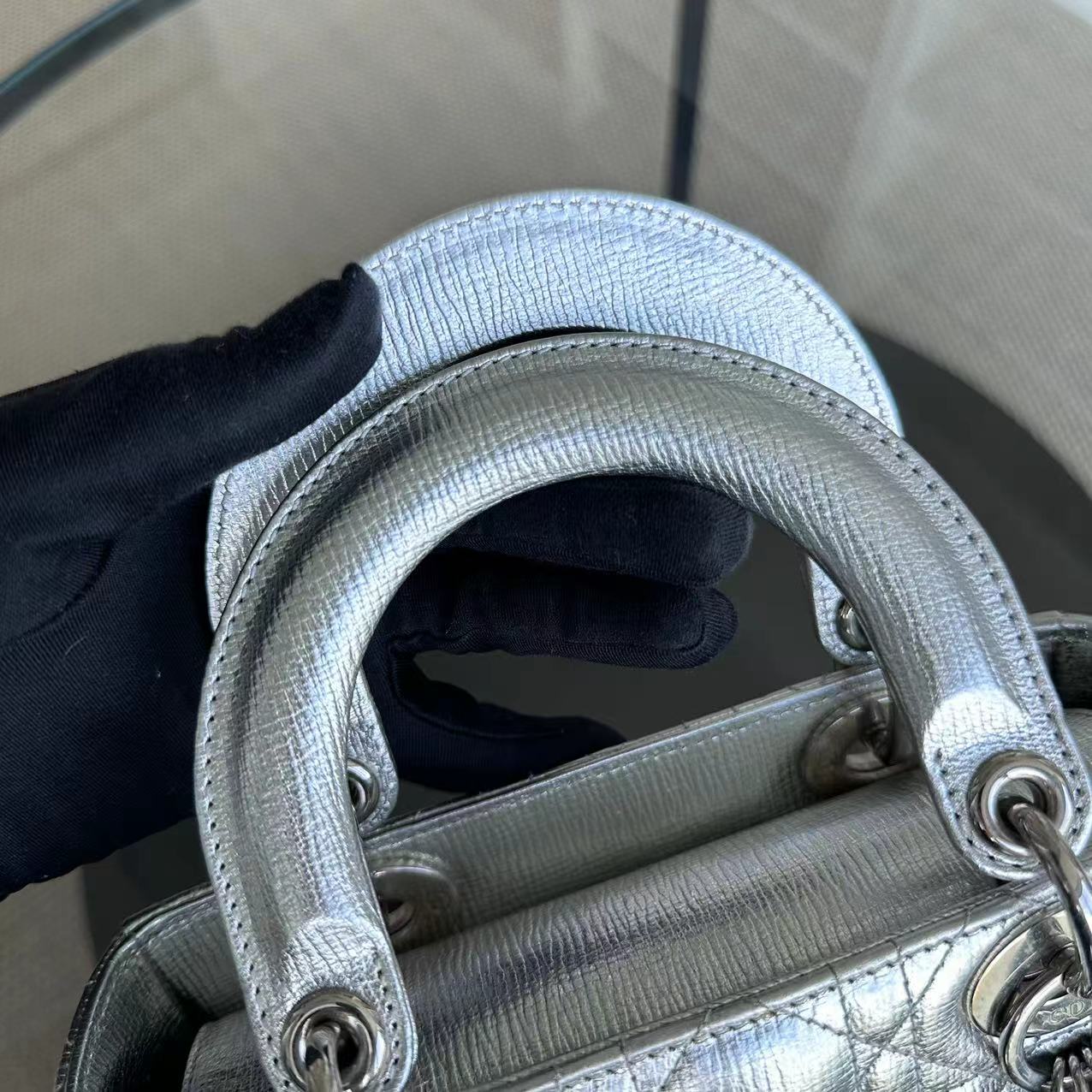 *Full Set, Receipt* Dior Lady Small Metallic Calfskin Limited Edition Silver ABC Badge Charm SHW - Best Luxury Designers