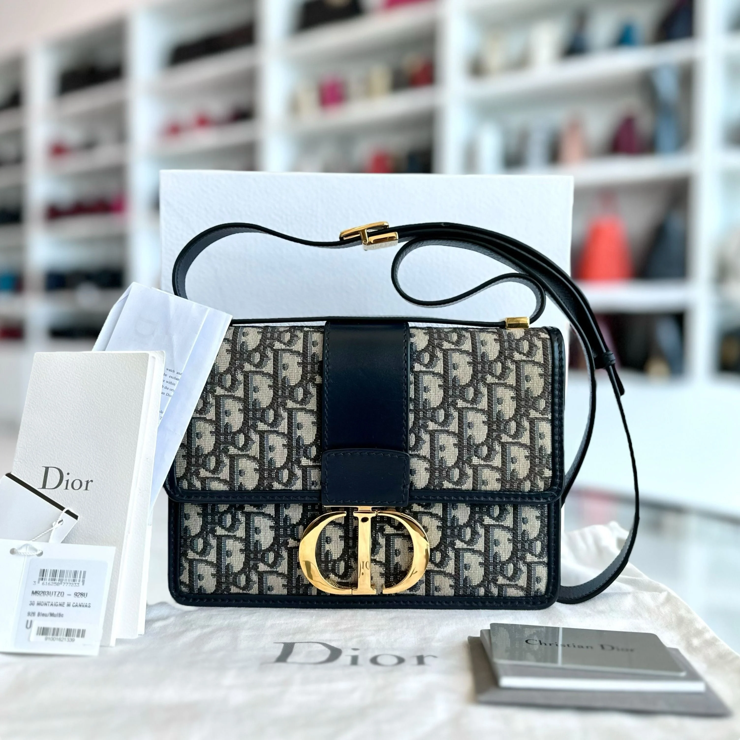 *Full Set, Receipt* Dior Montaigne 30 Oblique Canvas Blue Shoulder Bag GHW - Best Luxury Designers