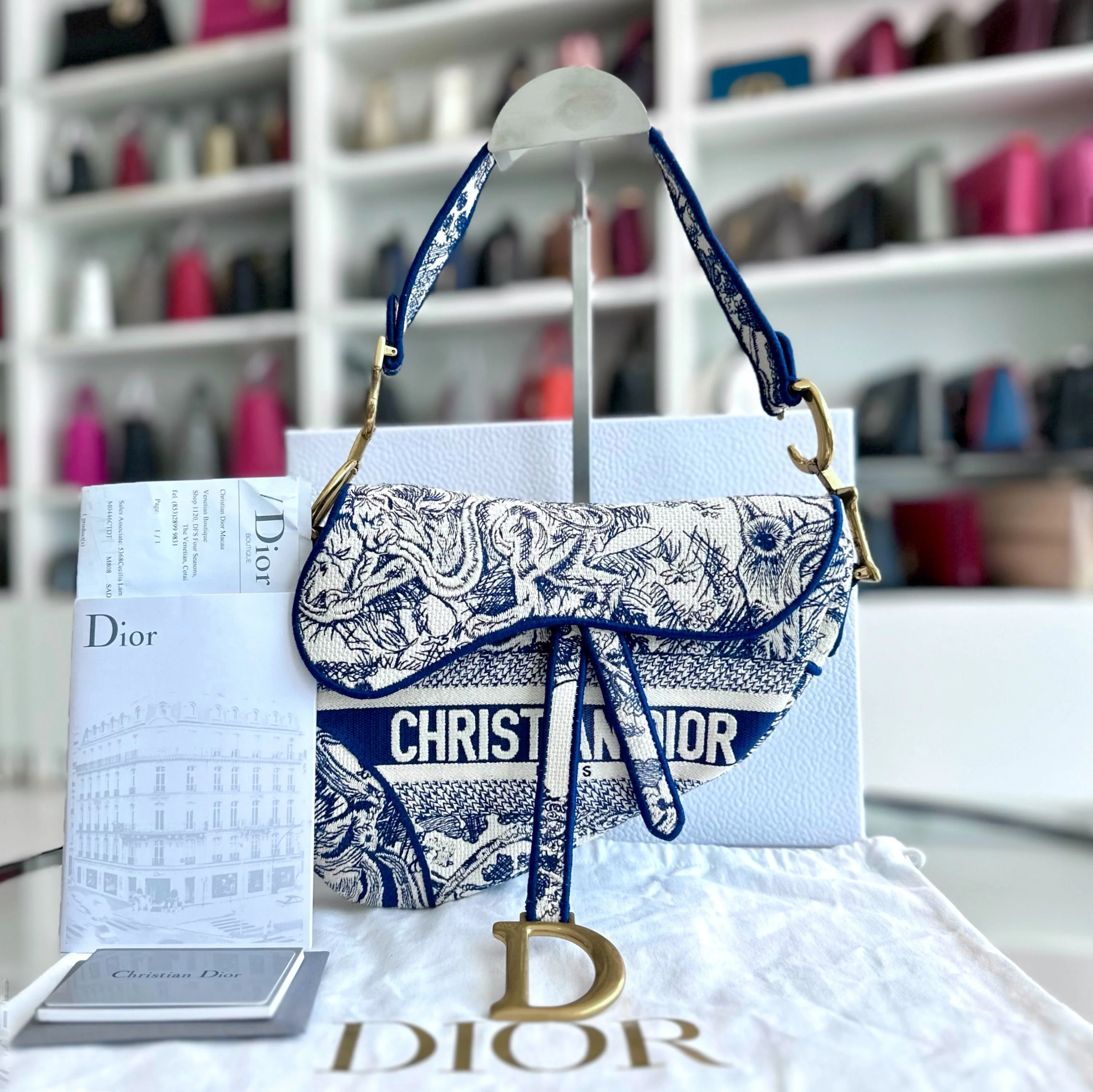 *Full Set, Receipt* Dior Saddle Medium Blue Toile De Jouy Embroidery Canvas AGHW - Best Luxury Designers