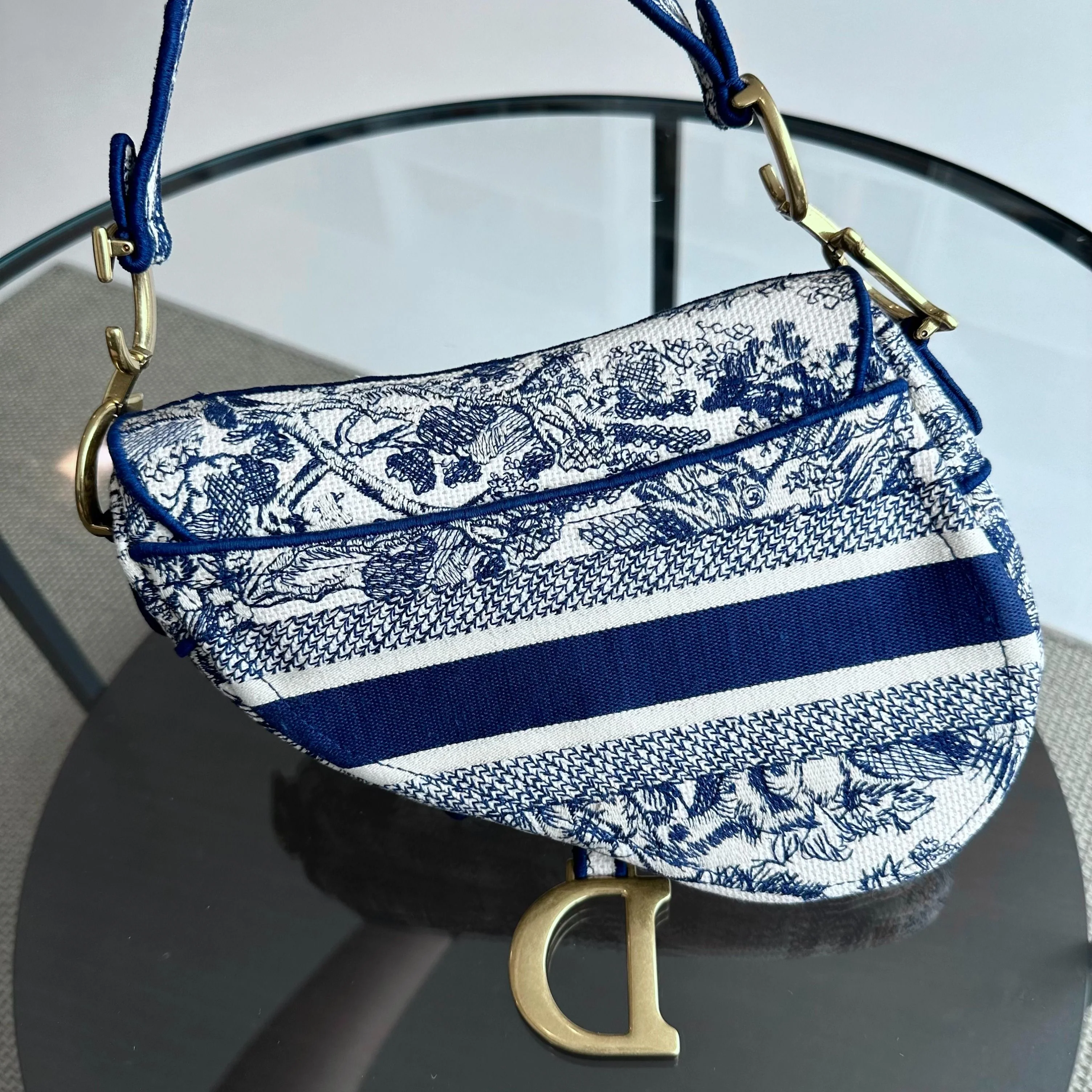 *Full Set, Receipt* Dior Saddle Medium Blue Toile De Jouy Embroidery Canvas AGHW - Best Luxury Designers