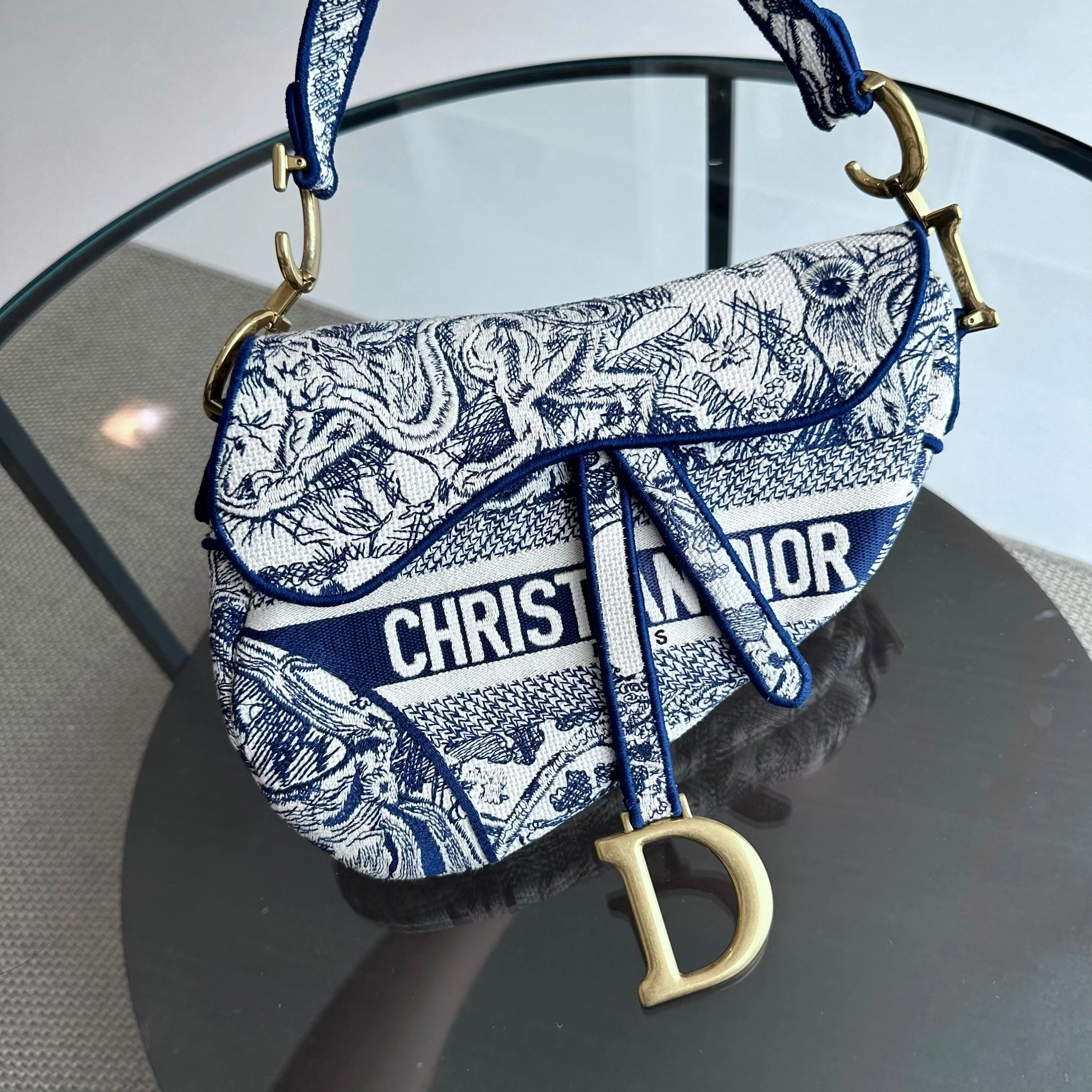 *Full Set, Receipt* Dior Saddle Medium Blue Toile De Jouy Embroidery Canvas AGHW - Best Luxury Designers