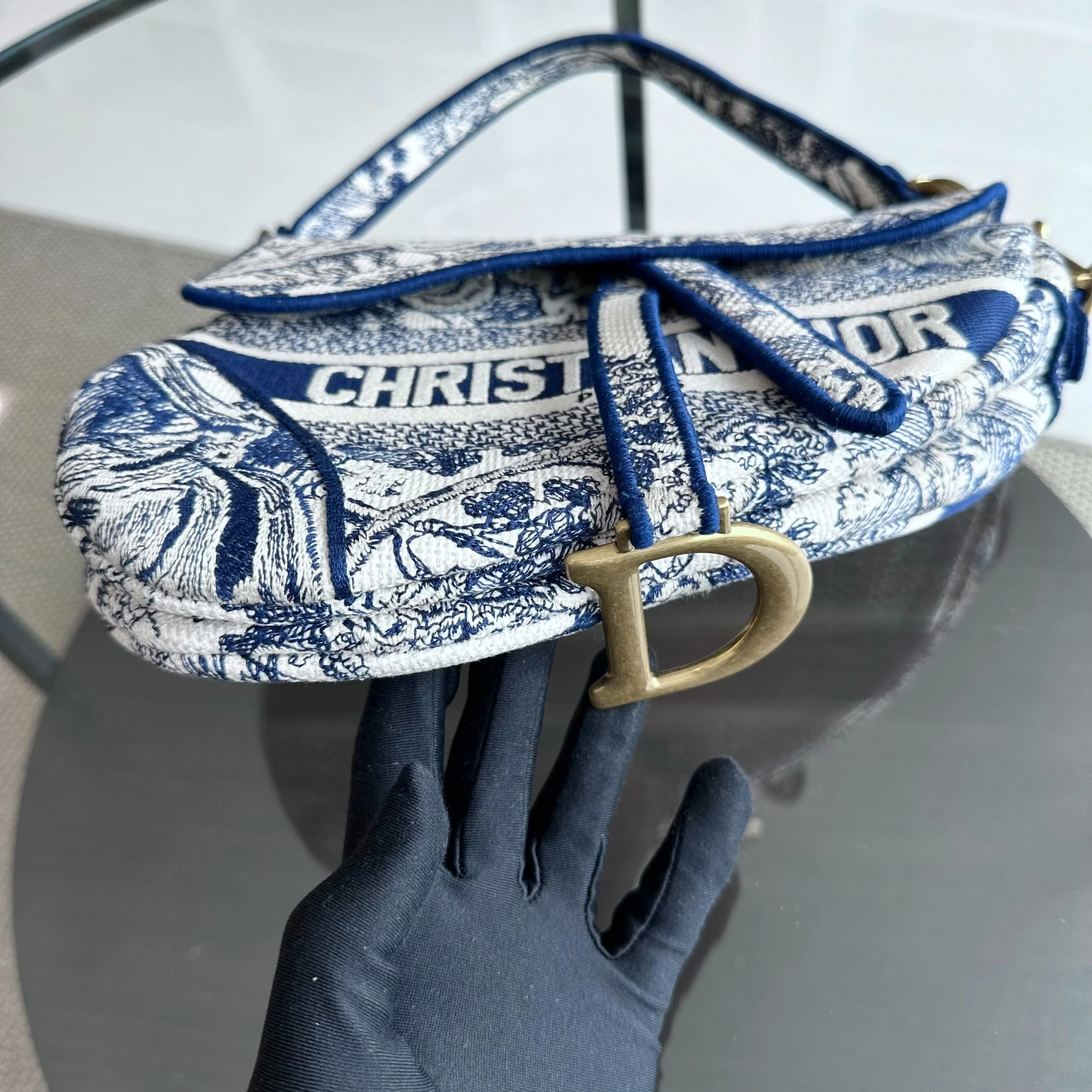 *Full Set, Receipt* Dior Saddle Medium Blue Toile De Jouy Embroidery Canvas AGHW - Best Luxury Designers