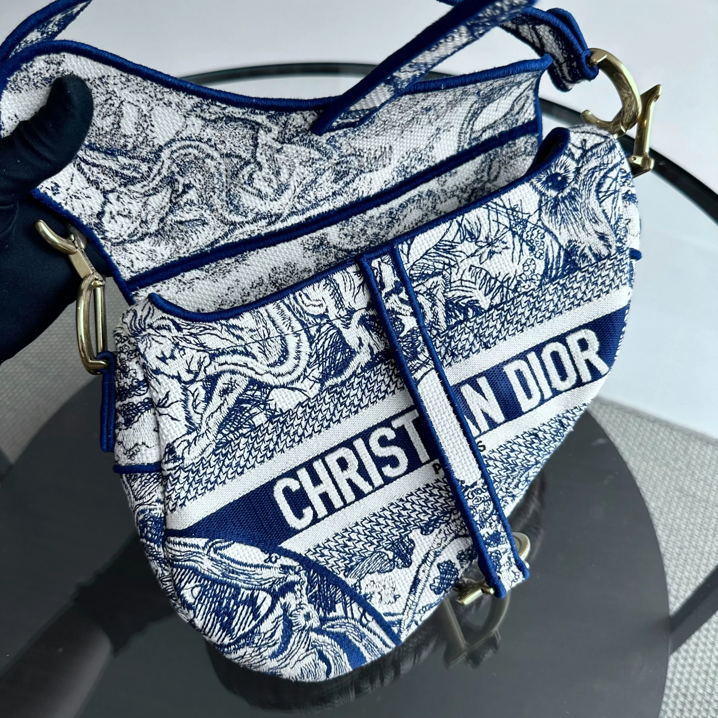 *Full Set, Receipt* Dior Saddle Medium Blue Toile De Jouy Embroidery Canvas AGHW - Best Luxury Designers