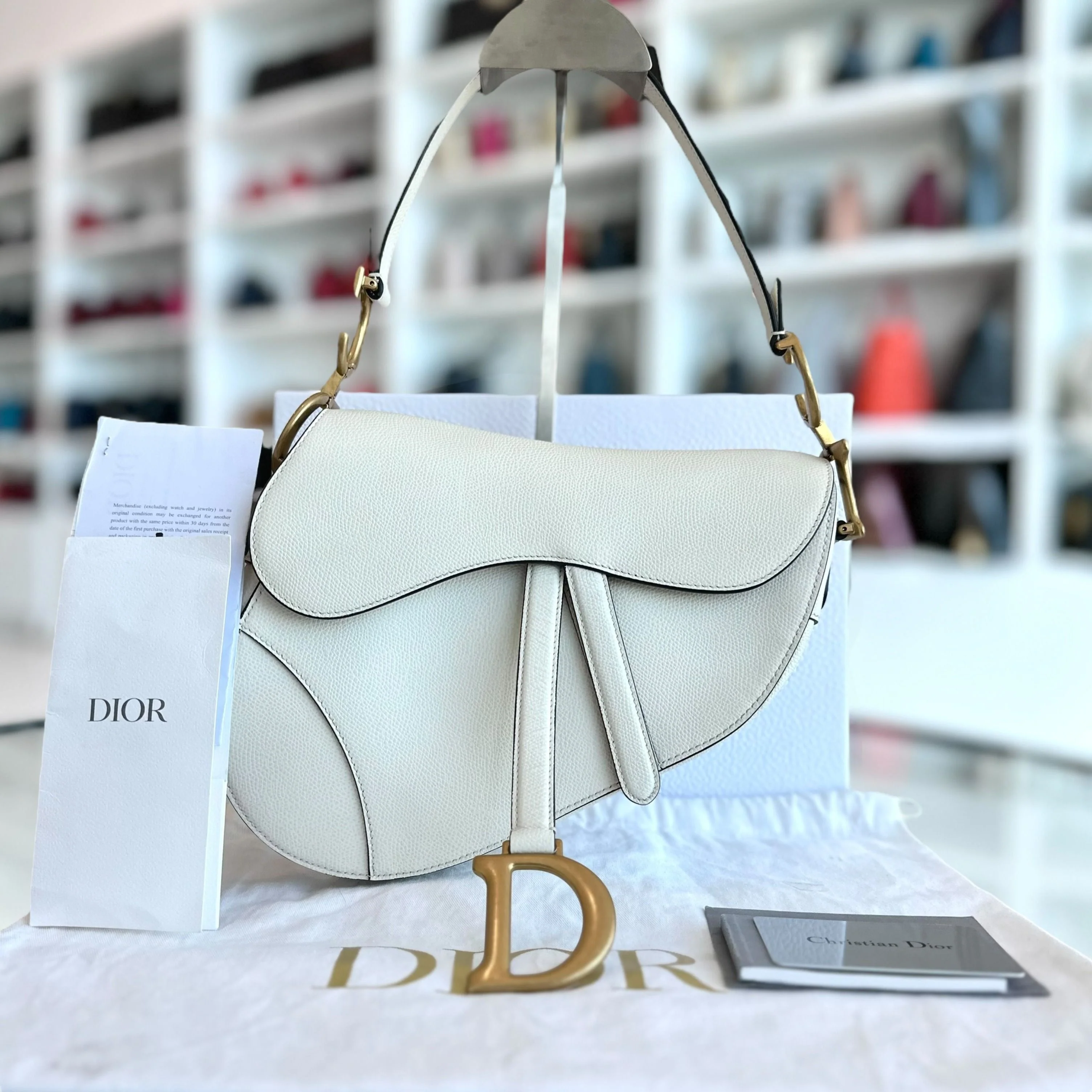 *Full Set, Receipt* Dior Saddle Medium Grained Calfskin Caviar White GHW - Best Luxury Designers