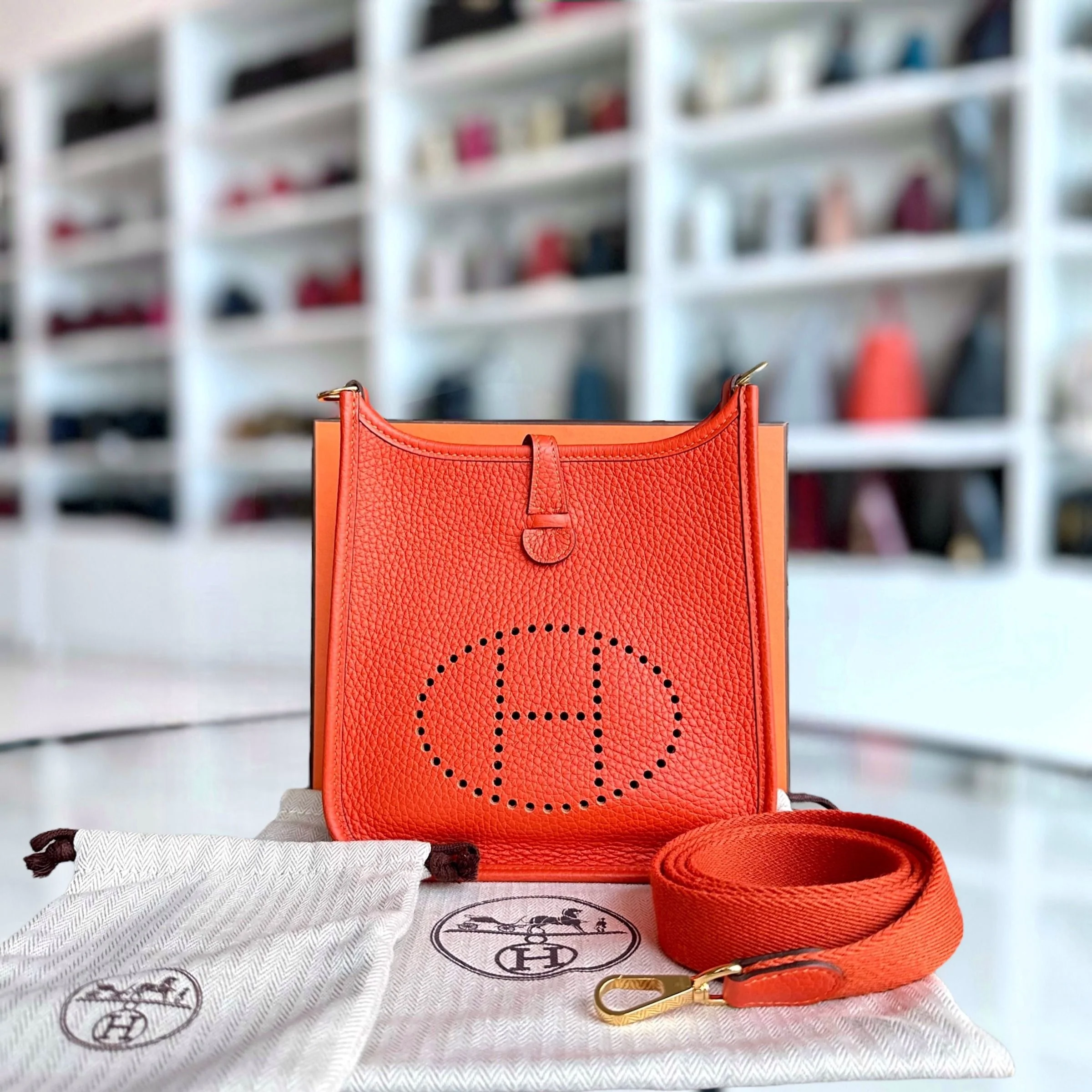 Hermes Mini Evelyn 16 Taurillon Clemence Stamp U Orange GHW - Best Luxury Designers