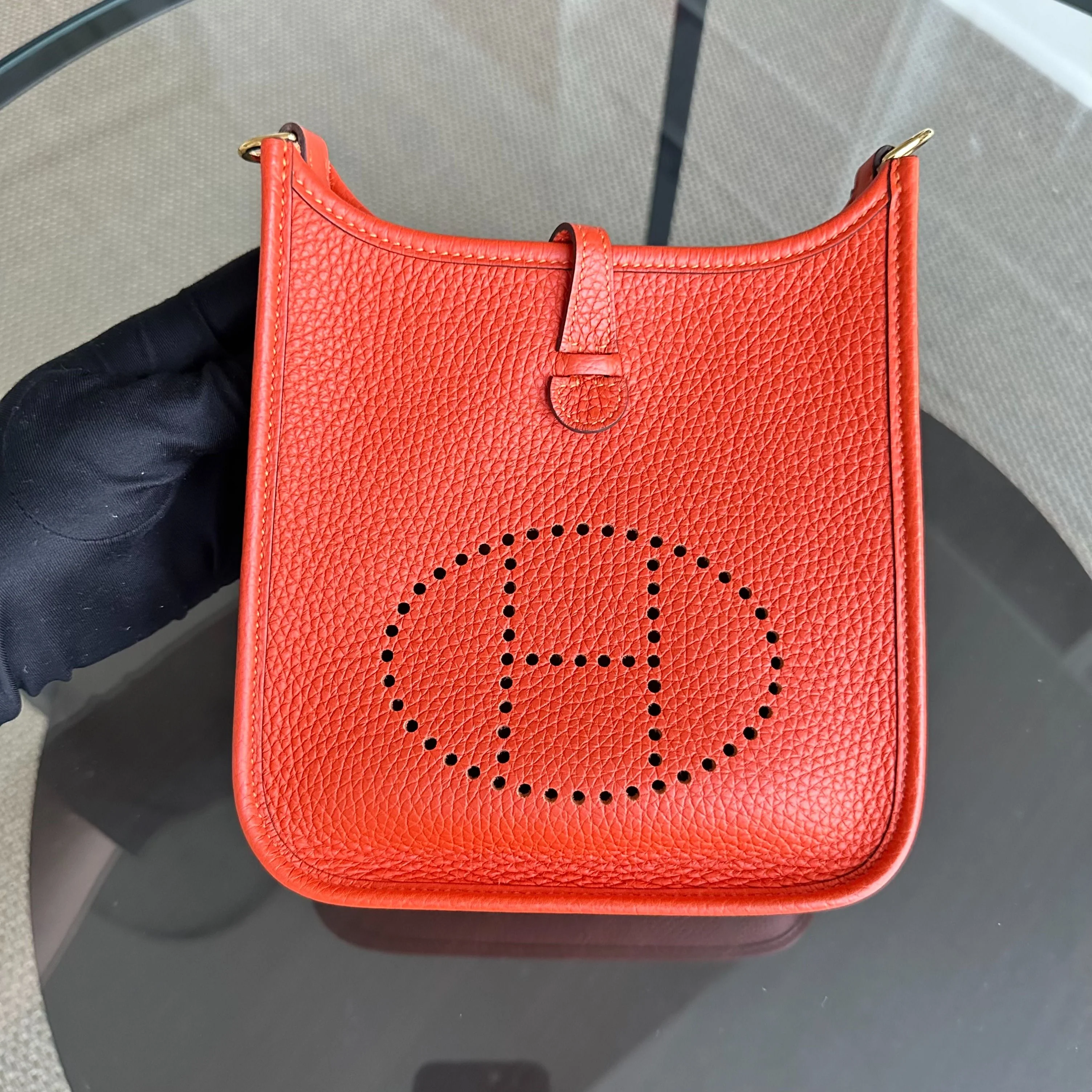 Hermes Mini Evelyn 16 Taurillon Clemence Stamp U Orange GHW - Best Luxury Designers