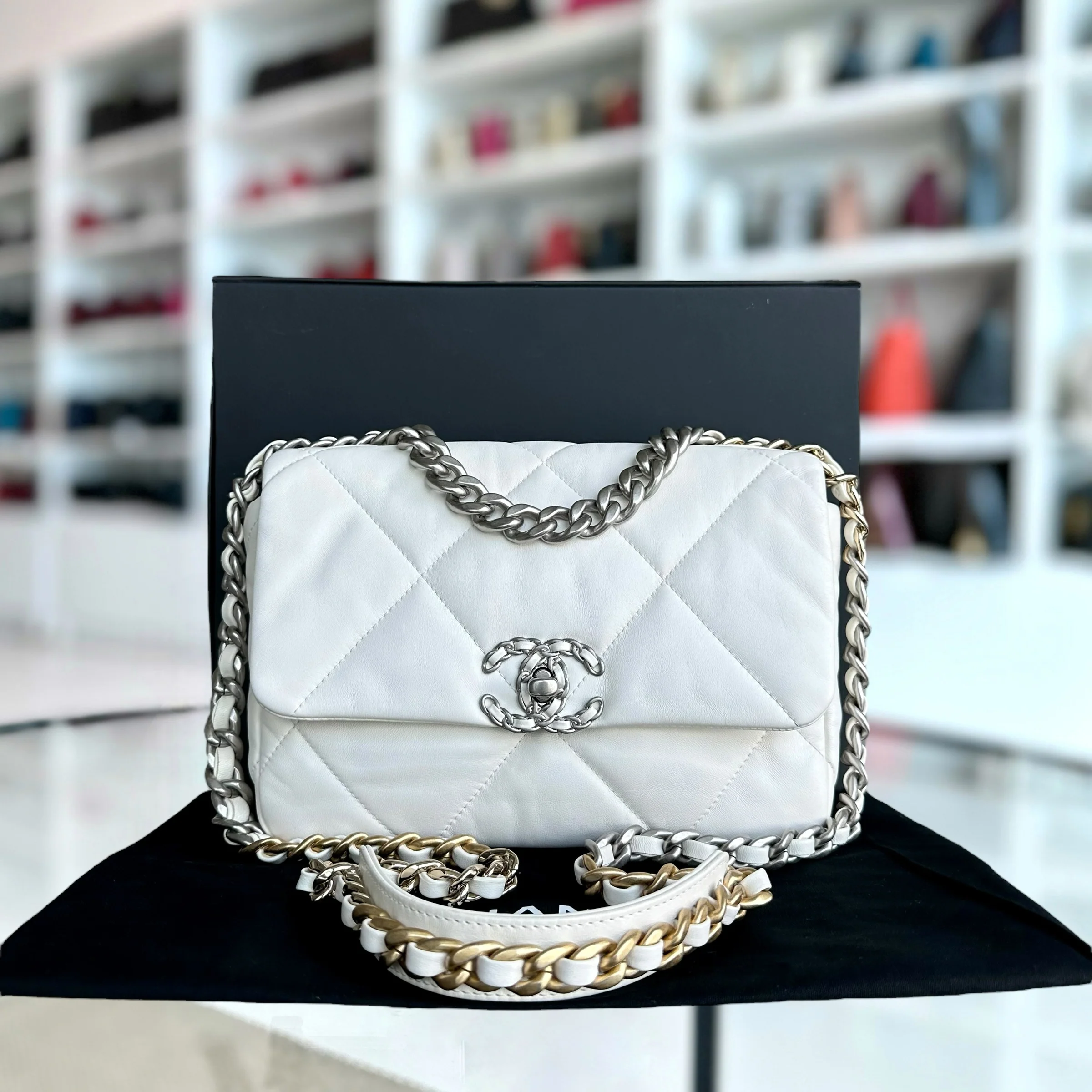 *Microchip* Chanel C19 Small 19 Bag Quilted Goatskin Two-Tone Hardware Microchipped - Best Luxury Designers