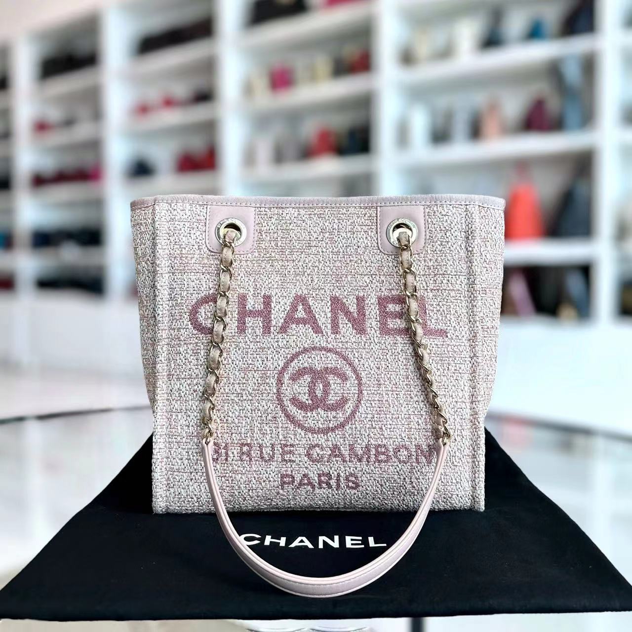 *Microchip* Chanel Deauville Mini Tote Pink Fabric Gold Lettering Light Golden Hardware - Best Luxury Designers
