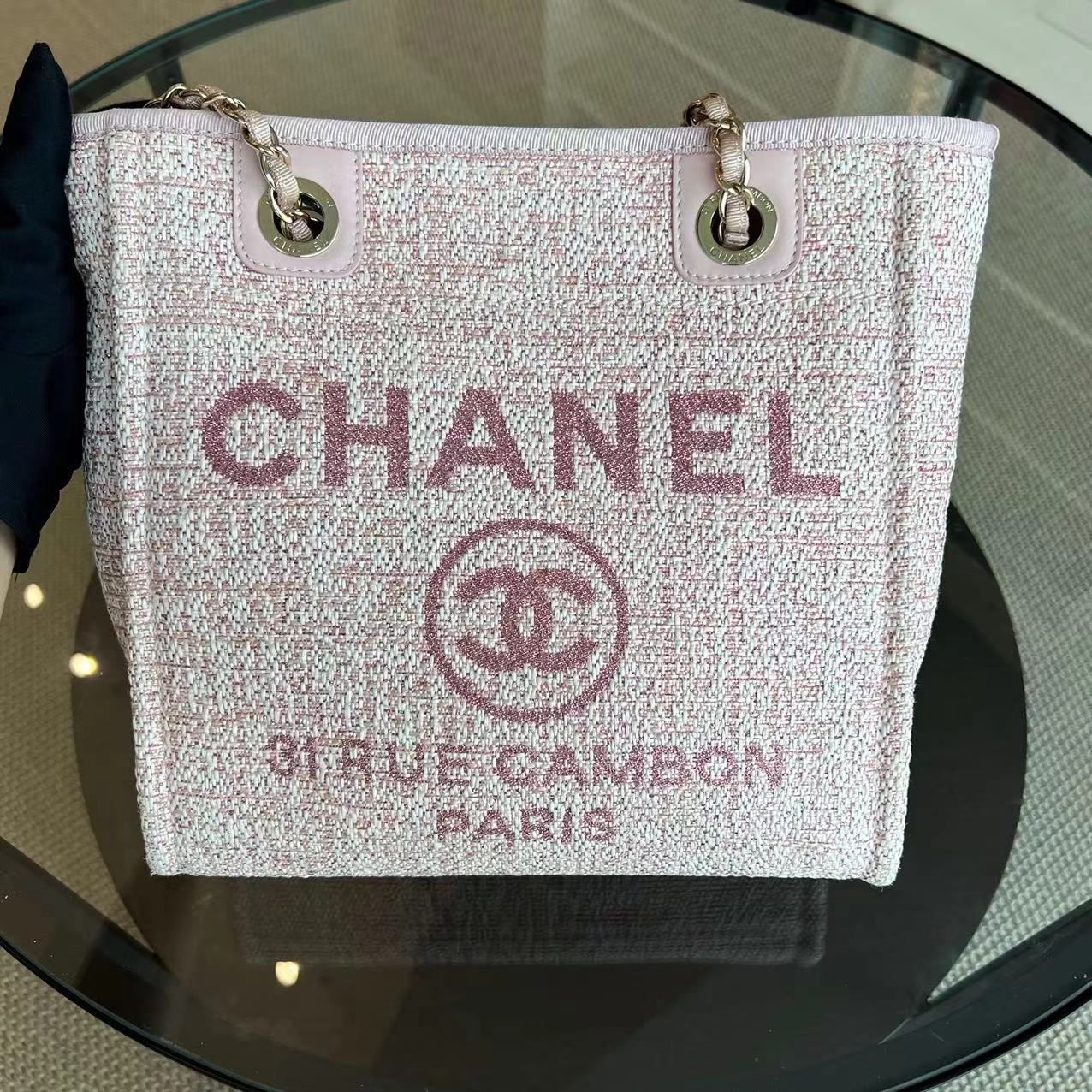 *Microchip* Chanel Deauville Mini Tote Pink Fabric Gold Lettering Light Golden Hardware - Best Luxury Designers