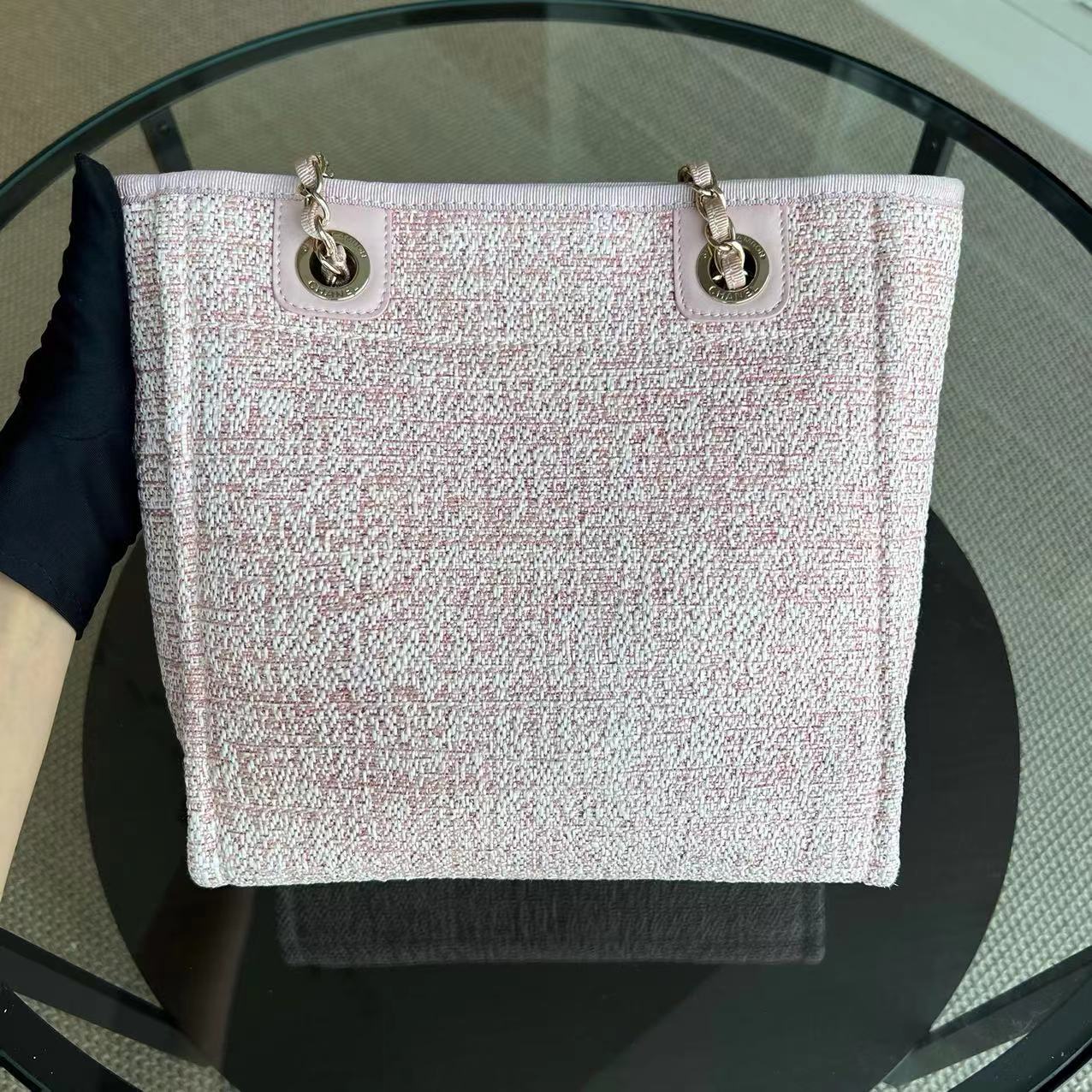 *Microchip* Chanel Deauville Mini Tote Pink Fabric Gold Lettering Light Golden Hardware - Best Luxury Designers