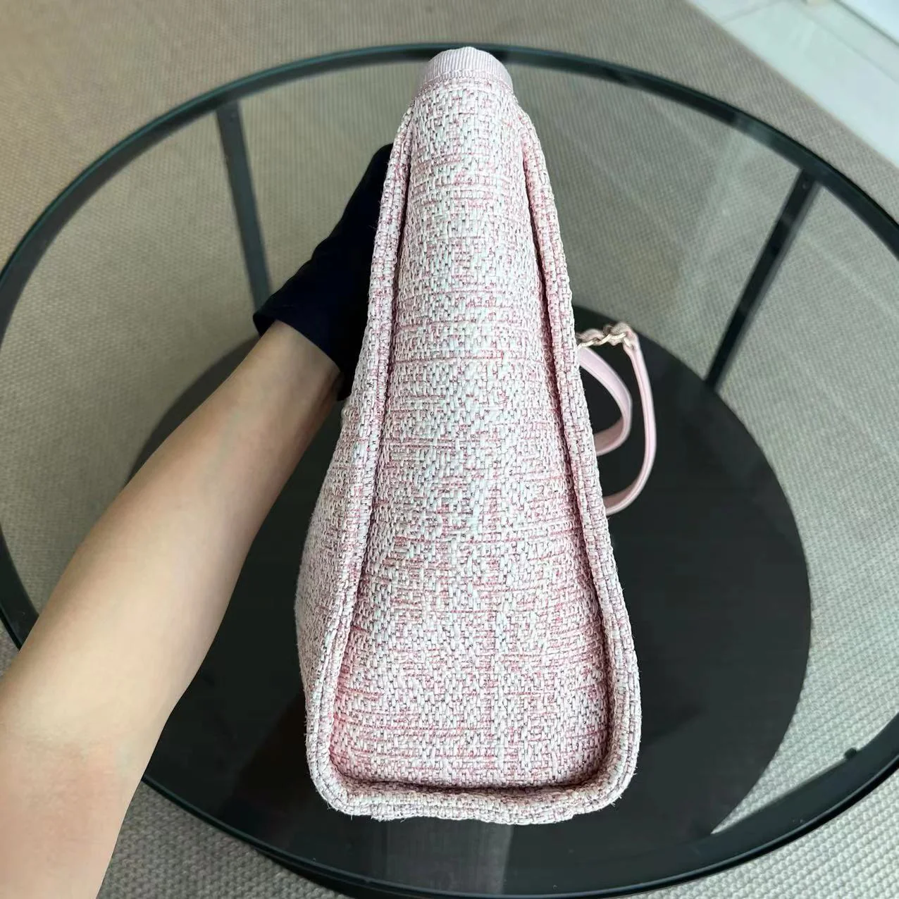 *Microchip* Chanel Deauville Mini Tote Pink Fabric Gold Lettering Light Golden Hardware - Best Luxury Designers