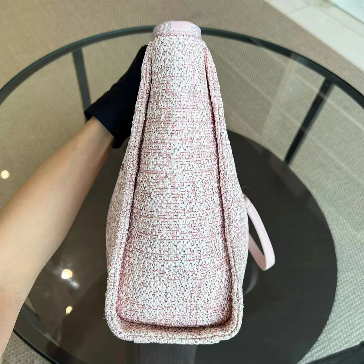 *Microchip* Chanel Deauville Mini Tote Pink Fabric Gold Lettering Light Golden Hardware - Best Luxury Designers