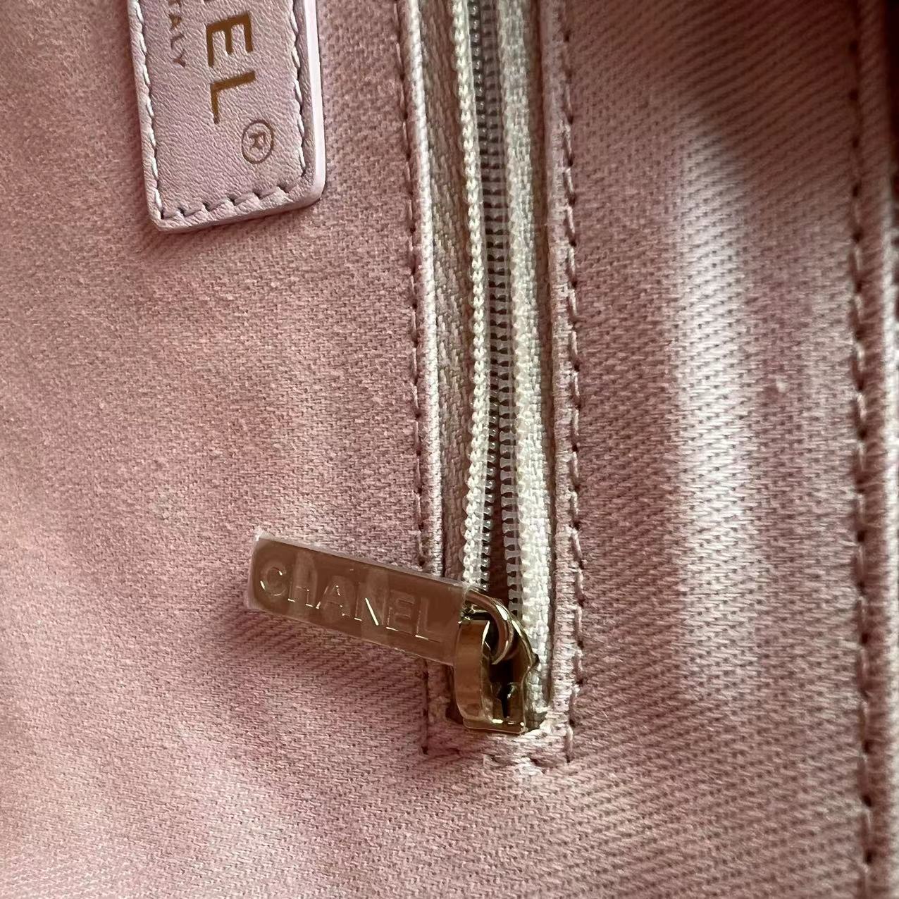 *Microchip* Chanel Deauville Mini Tote Pink Fabric Gold Lettering Light Golden Hardware - Best Luxury Designers