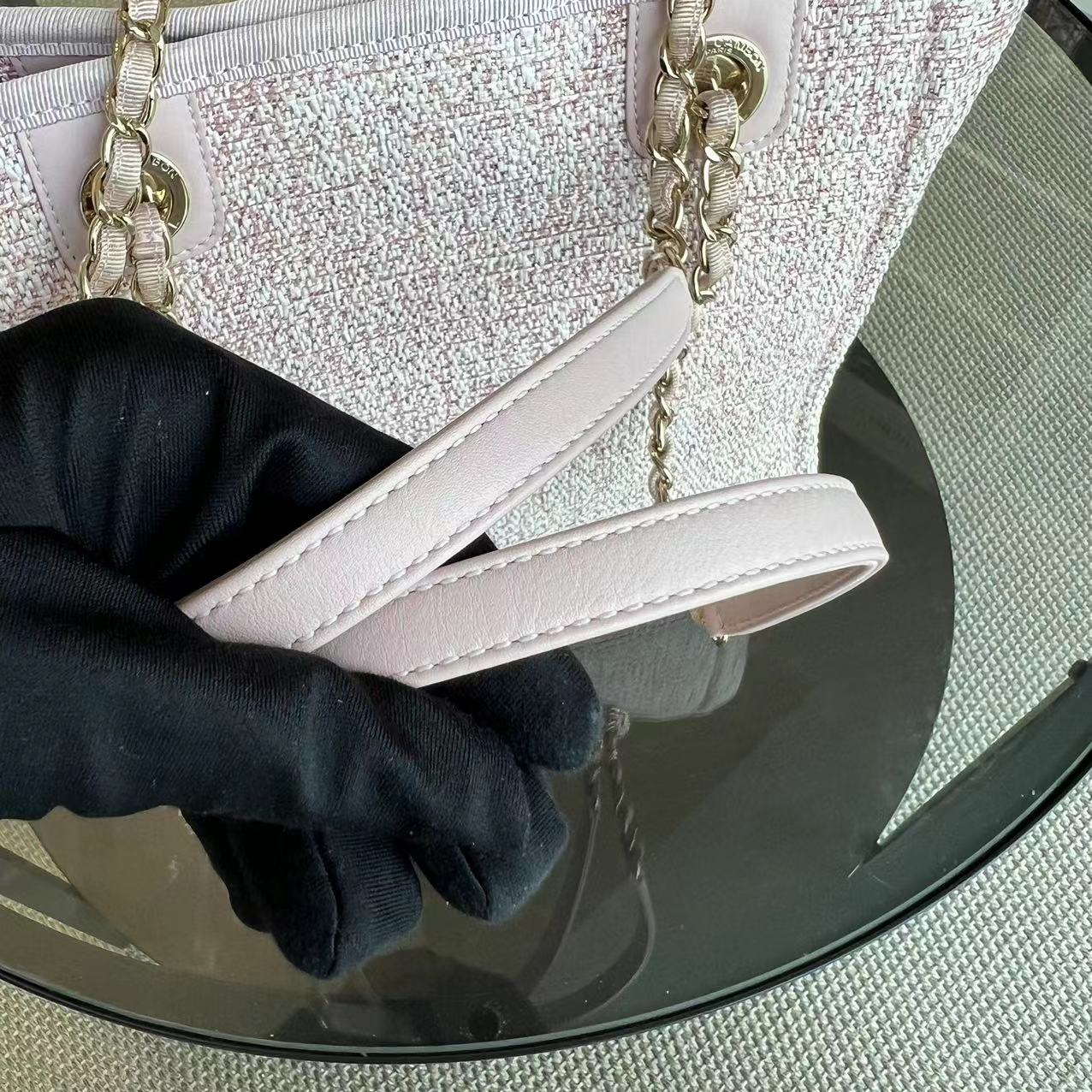 *Microchip* Chanel Deauville Mini Tote Pink Fabric Gold Lettering Light Golden Hardware - Best Luxury Designers