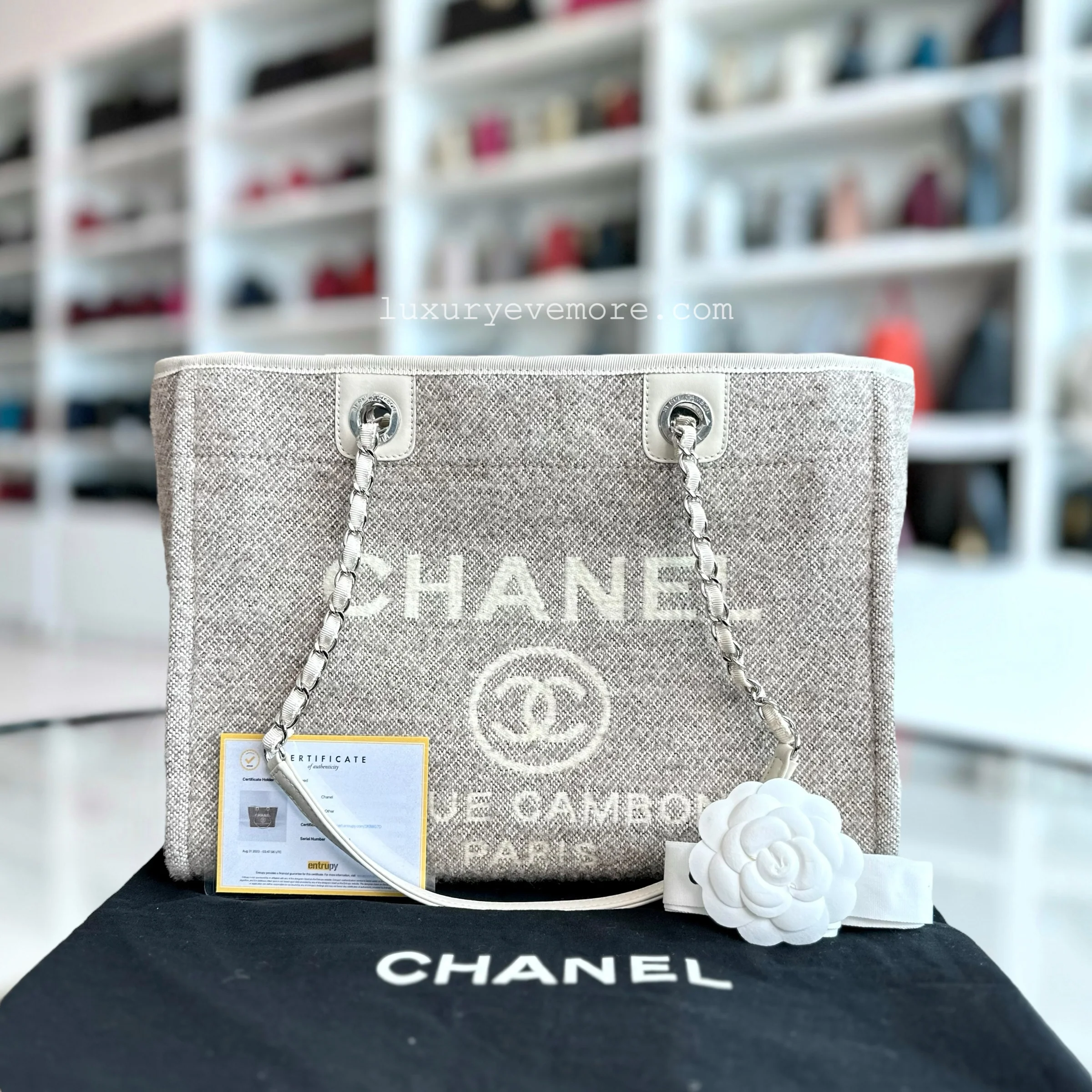 *Microchip* Chanel Deauville Tote Medium Tweed Grey White SHW Microchip - Best Luxury Designers