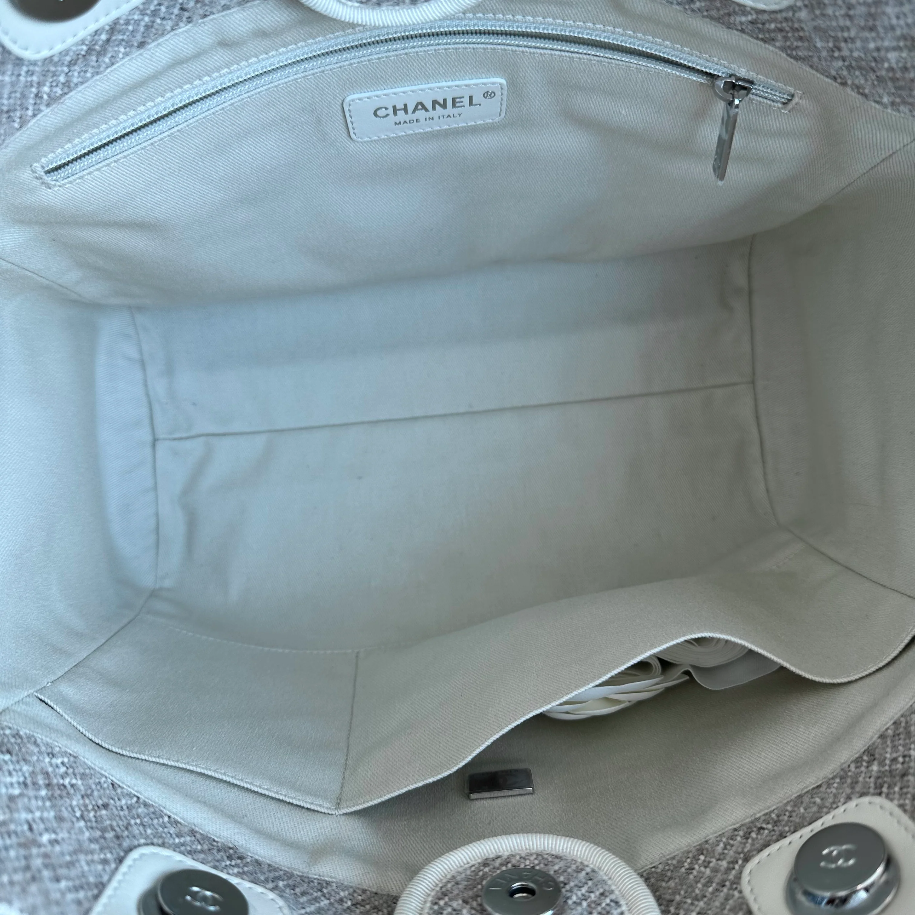 *Microchip* Chanel Deauville Tote Medium Tweed Grey White SHW Microchip - Best Luxury Designers