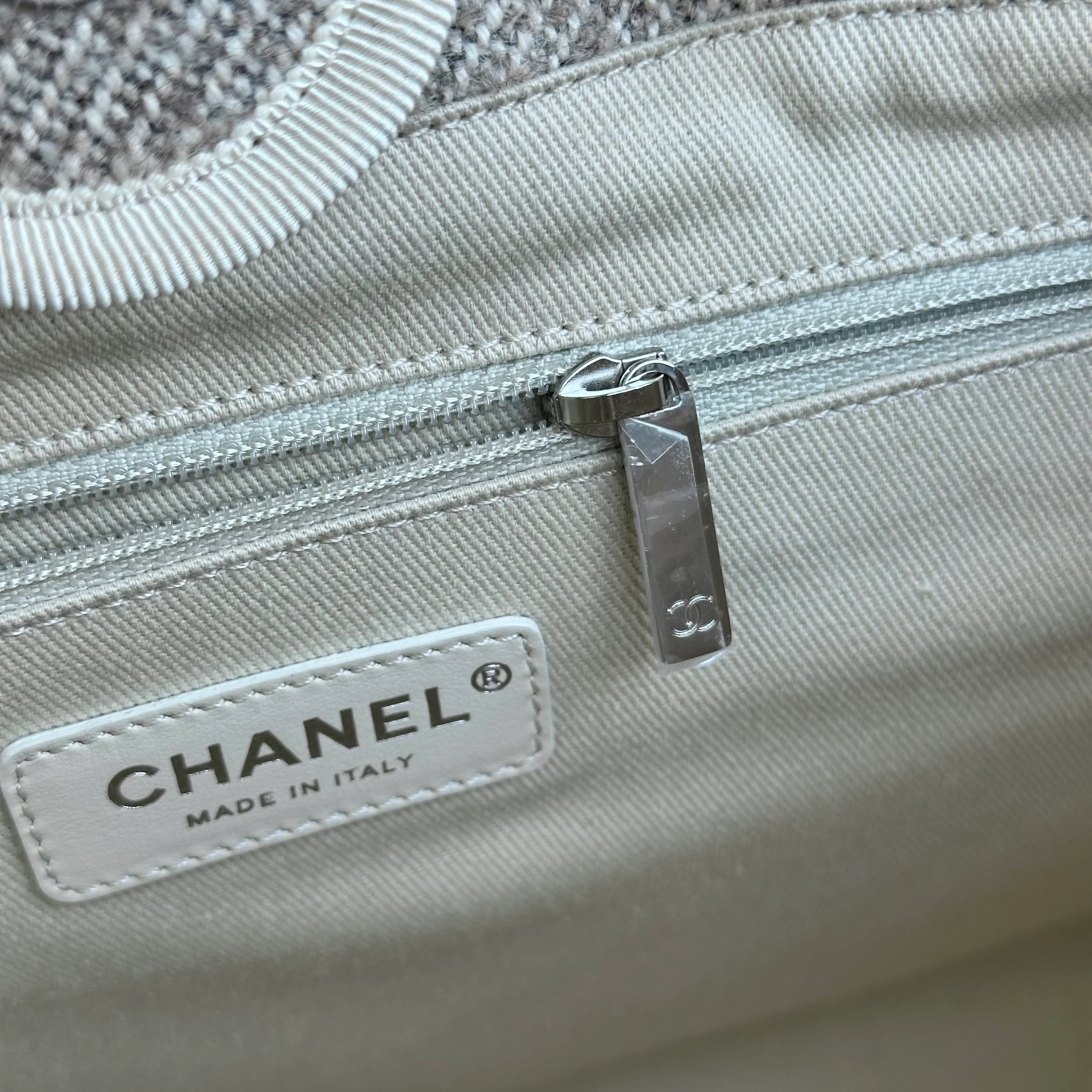*Microchip* Chanel Deauville Tote Medium Tweed Grey White SHW Microchip - Best Luxury Designers