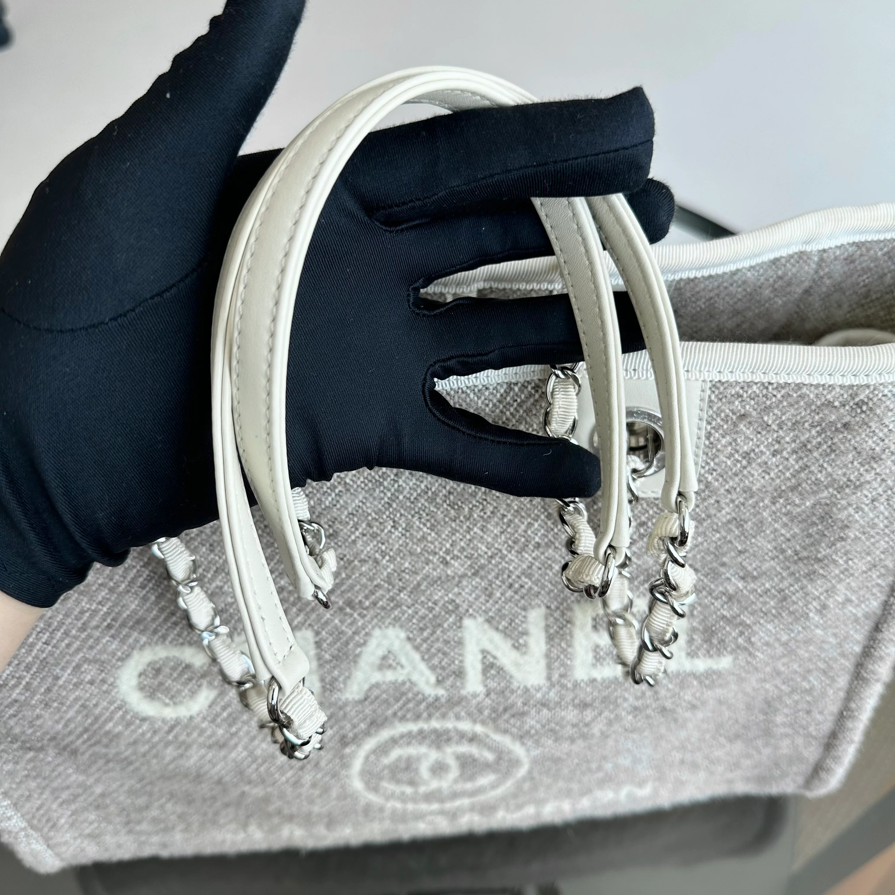 *Microchip* Chanel Deauville Tote Medium Tweed Grey White SHW Microchip - Best Luxury Designers