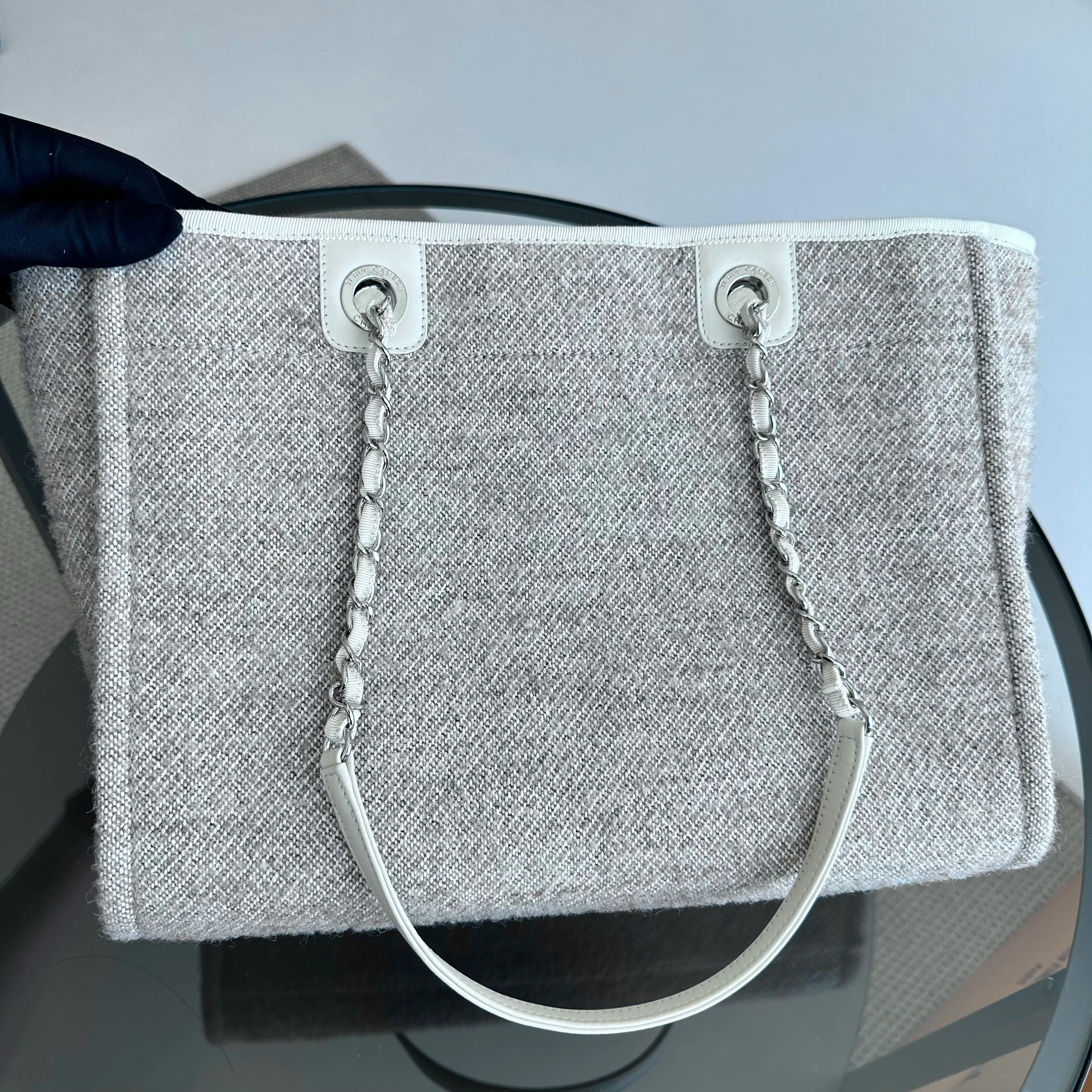 *Microchip* Chanel Deauville Tote Medium Tweed Grey White SHW Microchip - Best Luxury Designers