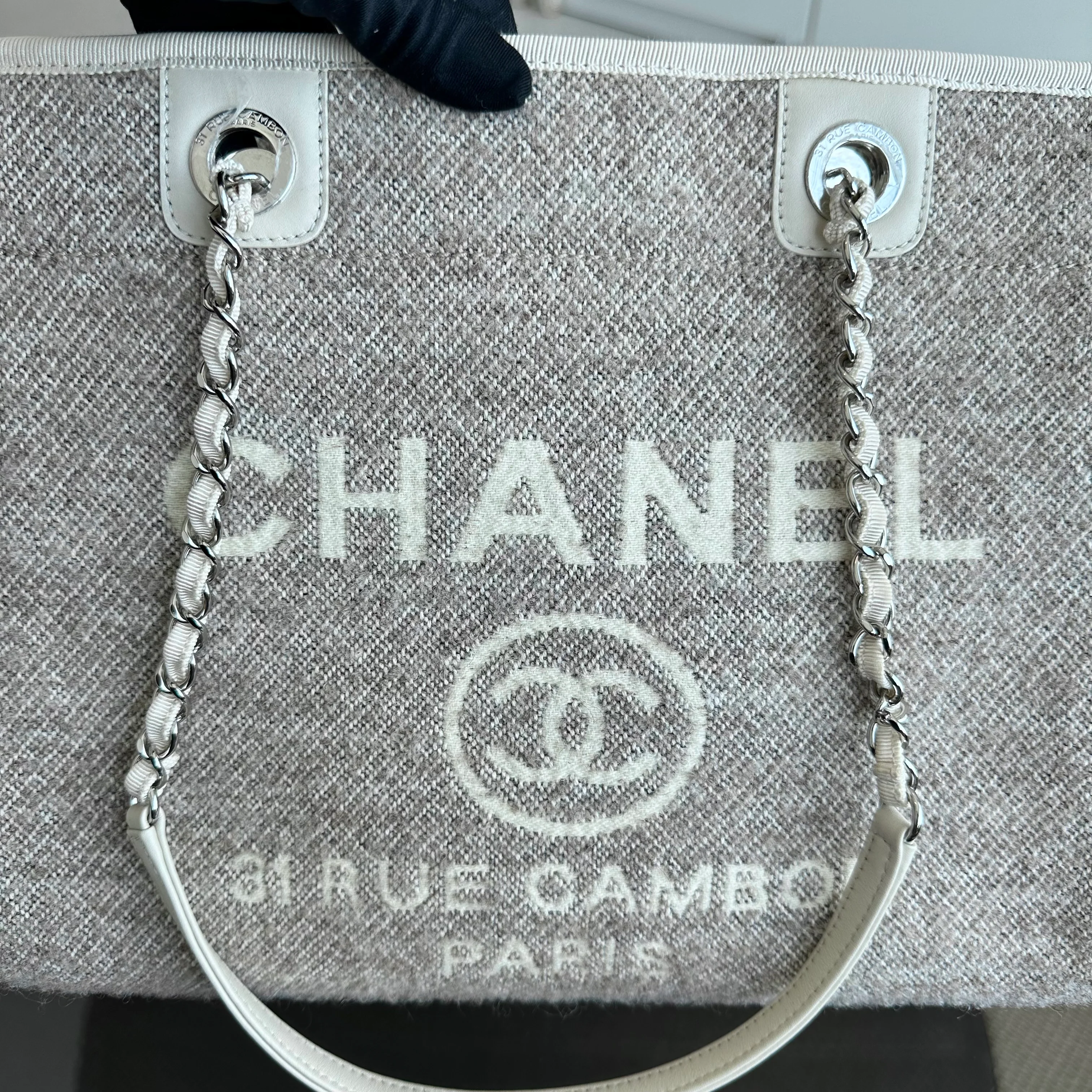 *Microchip* Chanel Deauville Tote Medium Tweed Grey White SHW Microchip - Best Luxury Designers