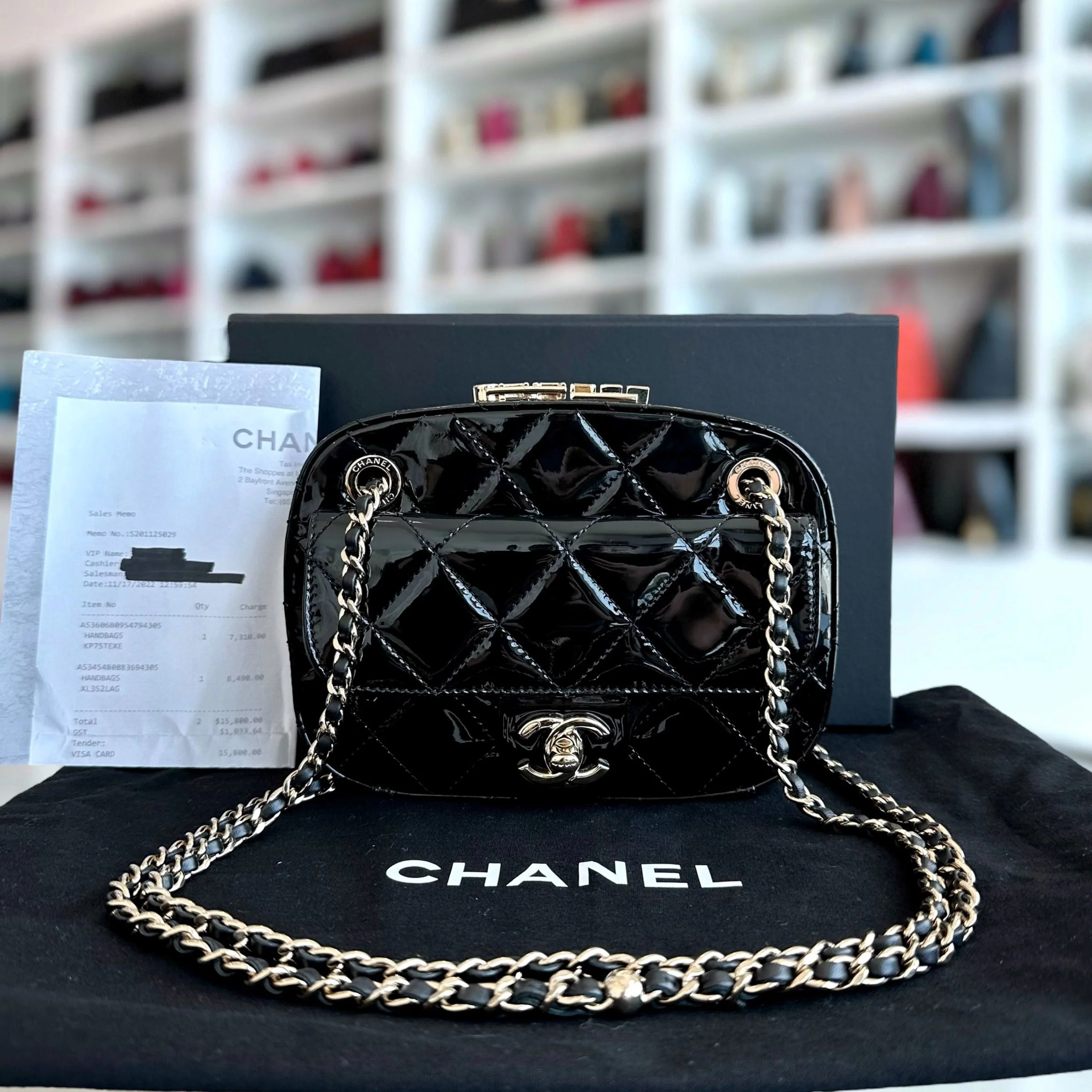 *Microchip, Full Set* Chanel 2022/23 Fall Winter Collection Mini Camera Quilted Patent Leather Black GHW - Best Luxury Designers