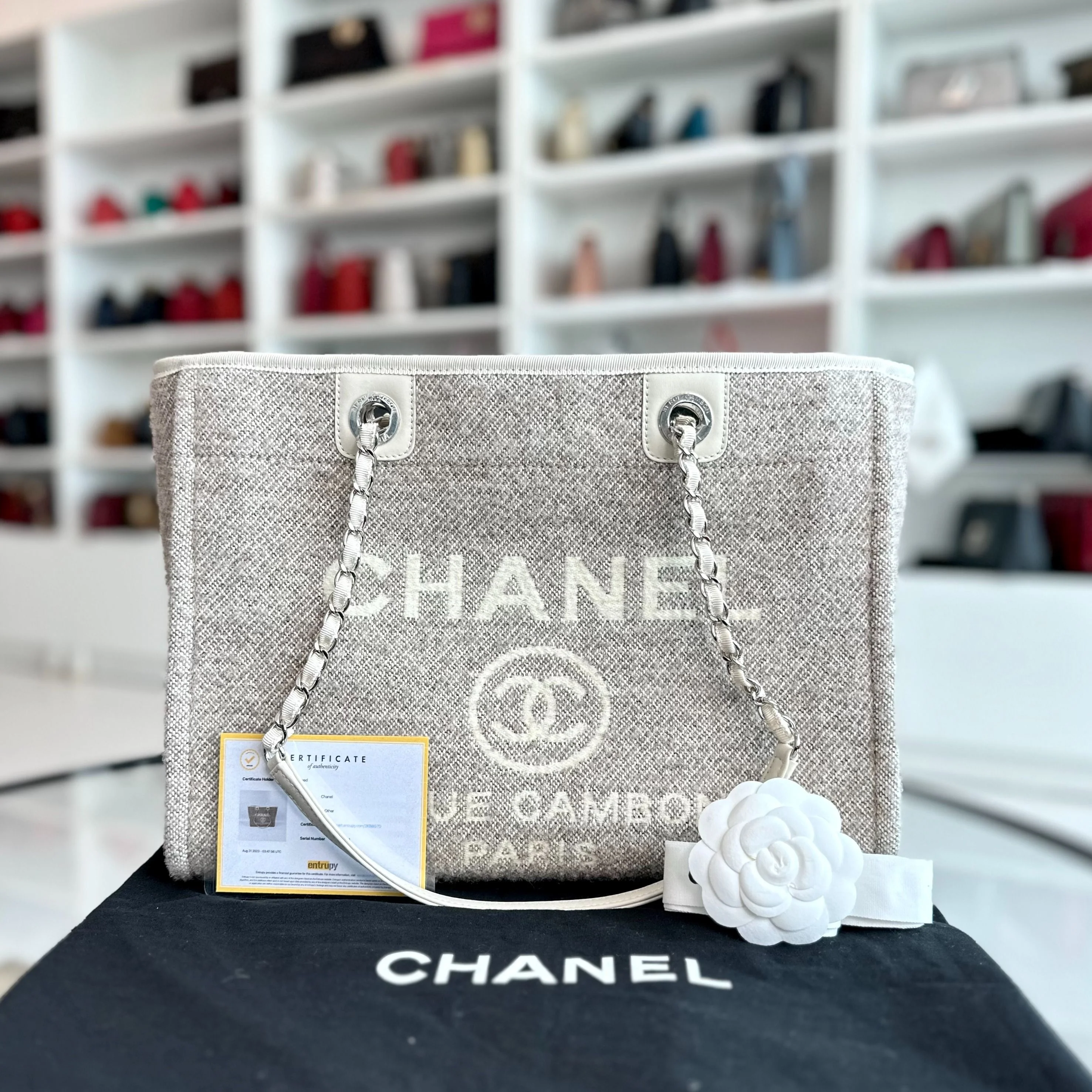 *Microchip, Like New* Chanel Deauville Tote Medium Grey White SHW Microchip - Best Luxury Designers