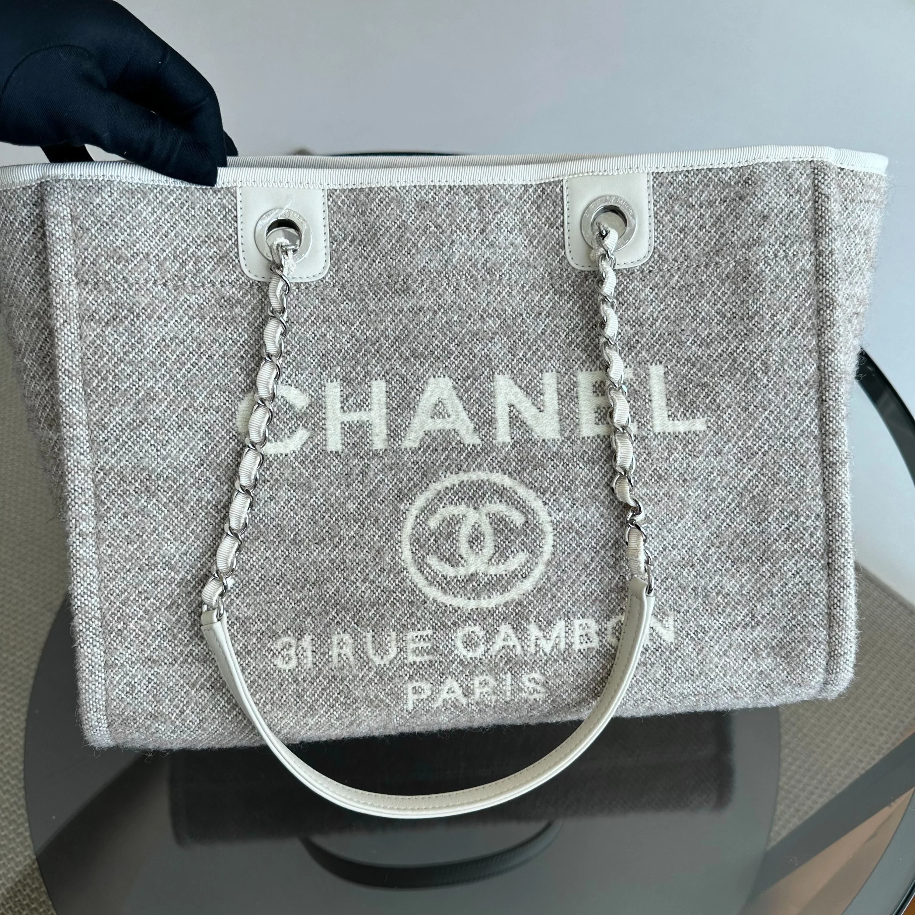 *Microchip, Like New* Chanel Deauville Tote Medium Grey White SHW Microchip - Best Luxury Designers