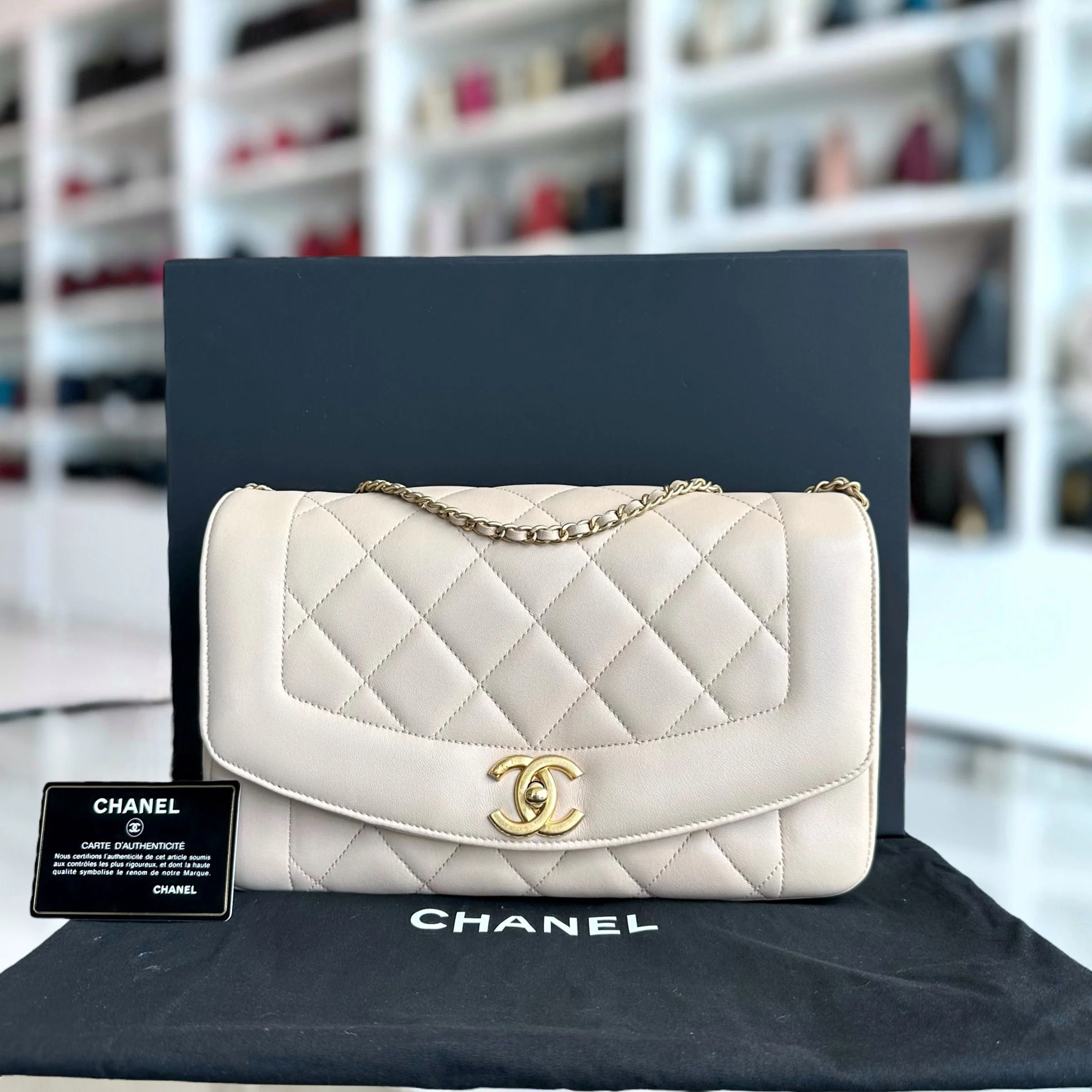 *Modern Reissue, Like New* Chanel Diana Jumbo 28CM Quilted Lambskin Beige GHW No 20 - Best Luxury Designers