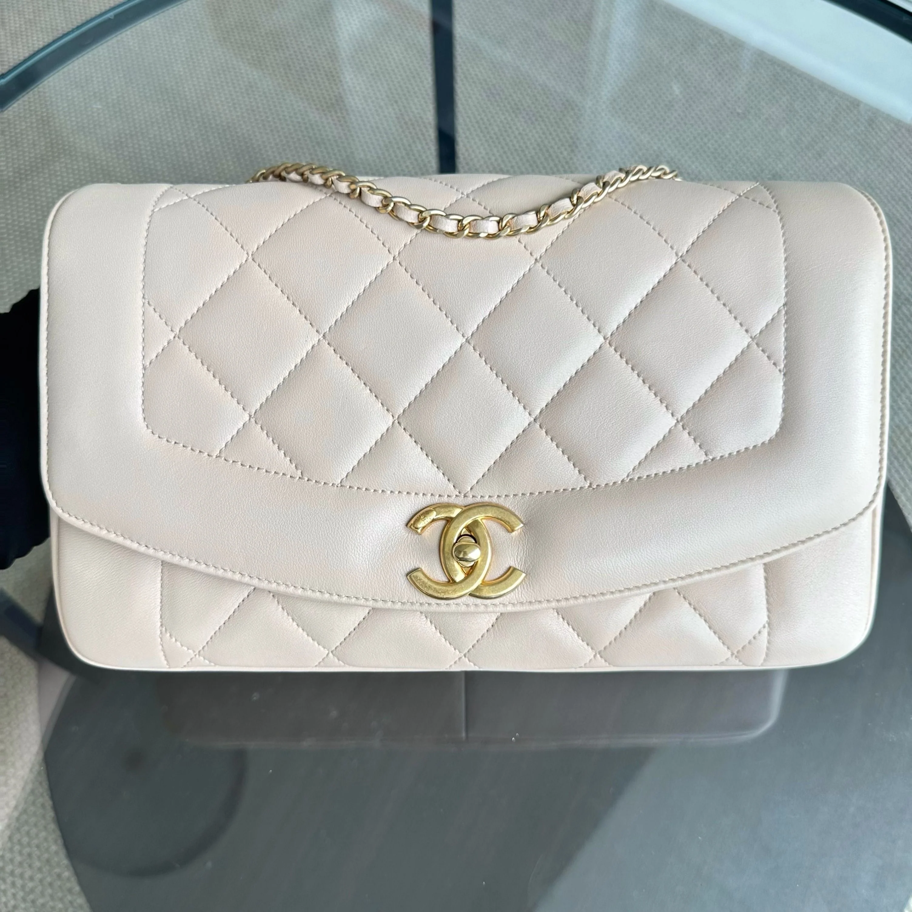*Modern Reissue, Like New* Chanel Diana Jumbo 28CM Quilted Lambskin Beige GHW No 20 - Best Luxury Designers