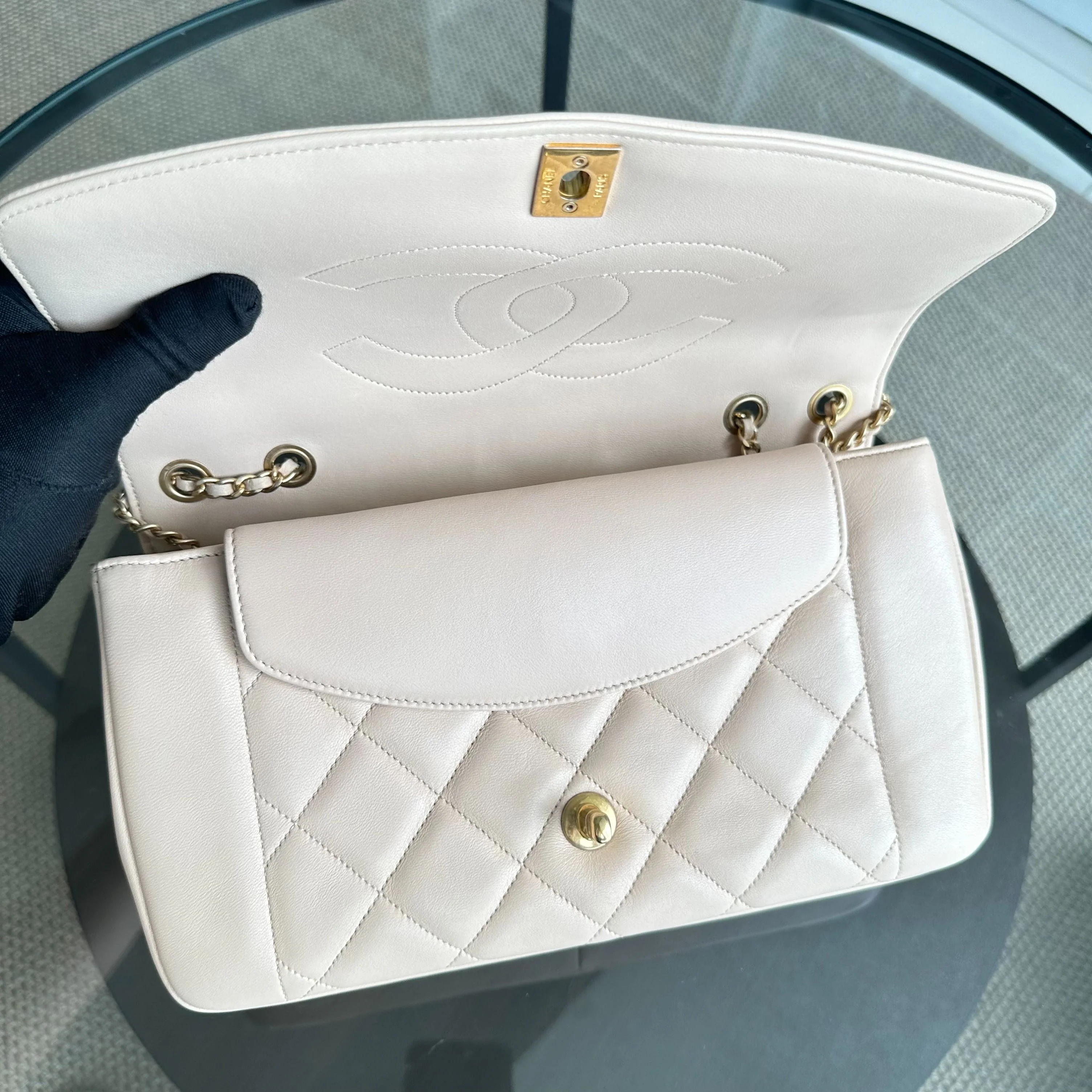 *Modern Reissue, Like New* Chanel Diana Jumbo 28CM Quilted Lambskin Beige GHW No 20 - Best Luxury Designers