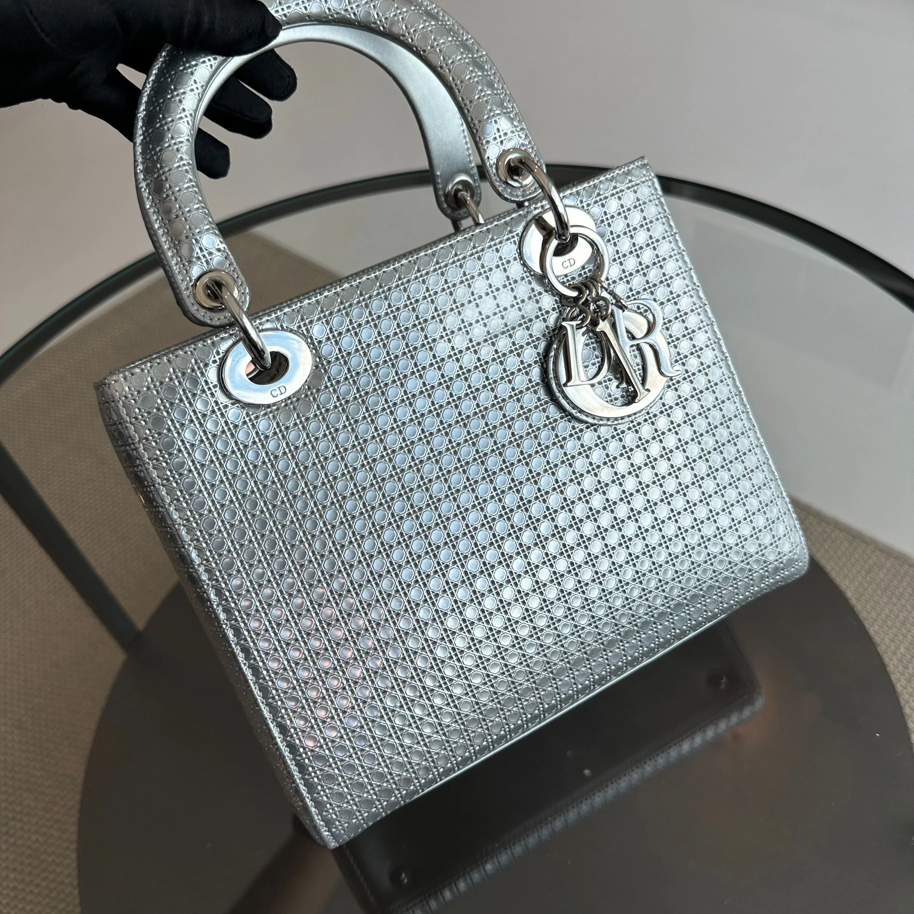 *No Strap* Dior Lady Medium Micro-Cannage Metallic Limited Edition Silver SHW - Best Luxury Designers